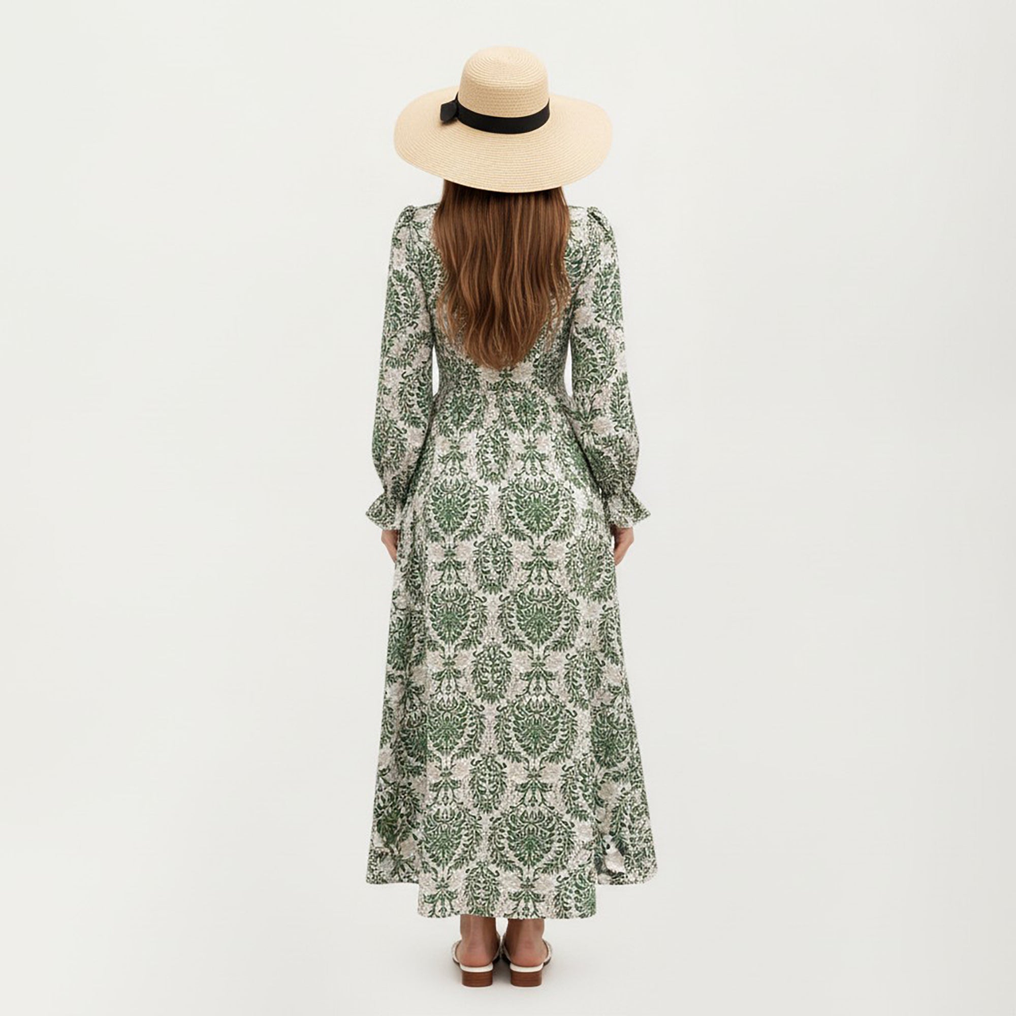 Anna-Kaci Women's Floral Long Sleeve Maxi Dress with V Neckline and Ruffle Cuffs