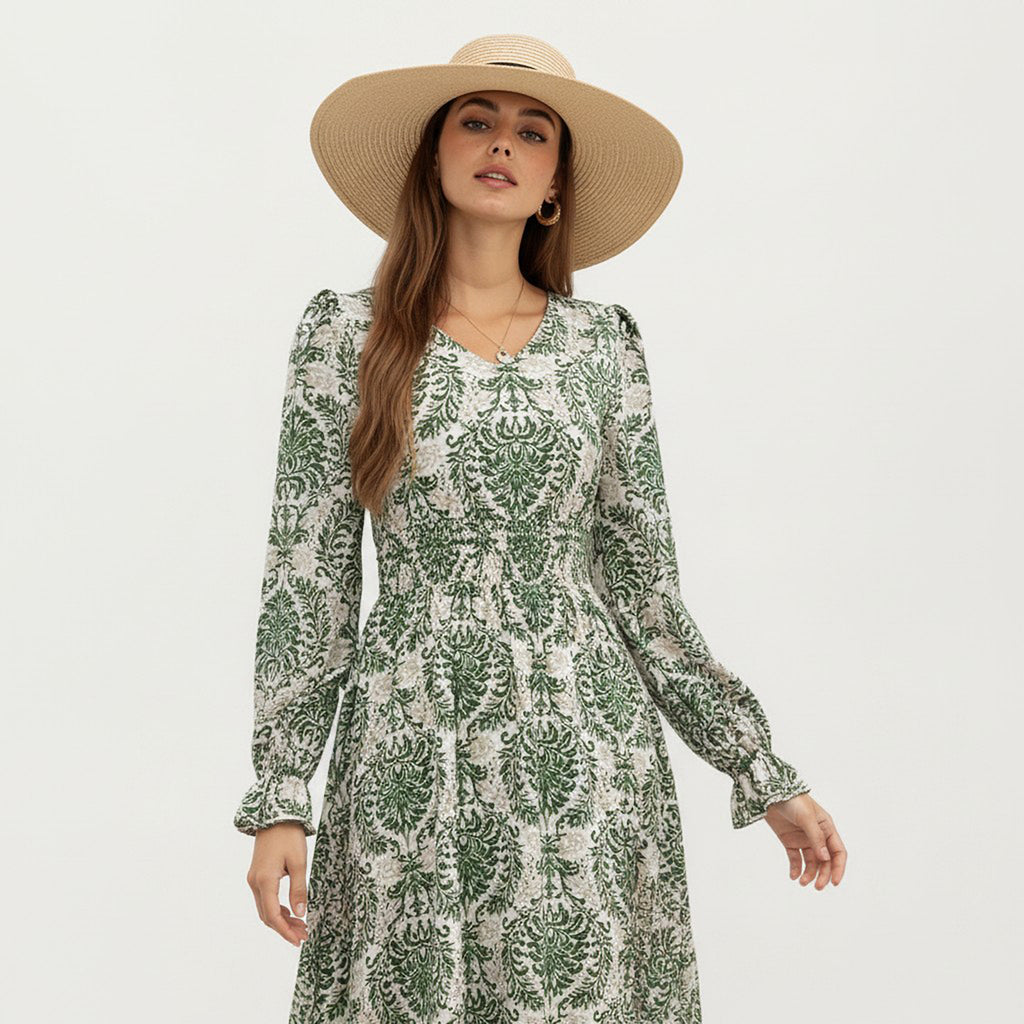 Anna-Kaci Women's Floral Long Sleeve Maxi Dress with V Neckline and Ruffle Cuffs