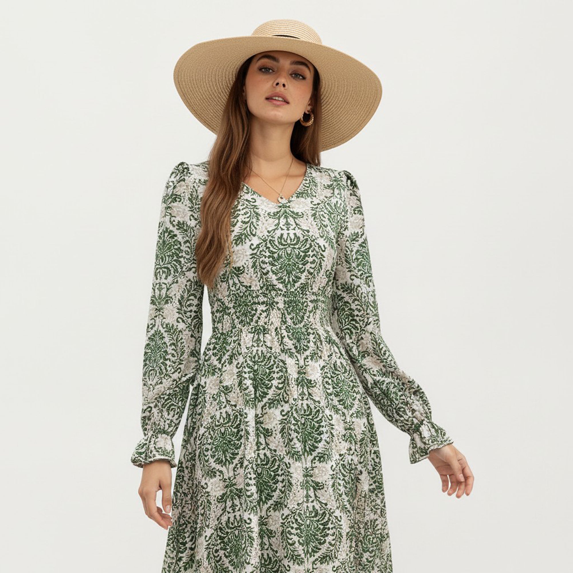 Anna-Kaci Women's Floral Long Sleeve Maxi Dress with V Neckline and Ruffle Cuffs