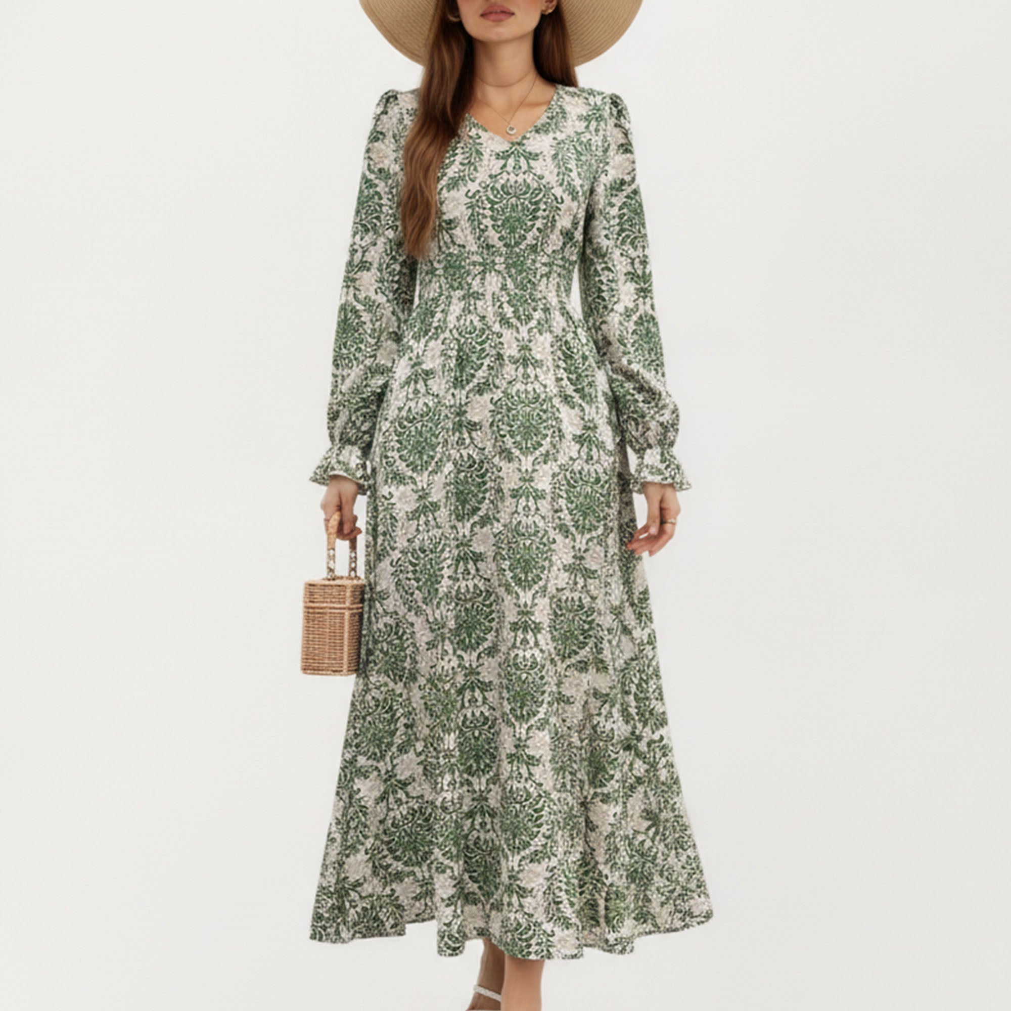 Anna-Kaci Women's Floral Long Sleeve Maxi Dress with V Neckline and Ruffle Cuffs