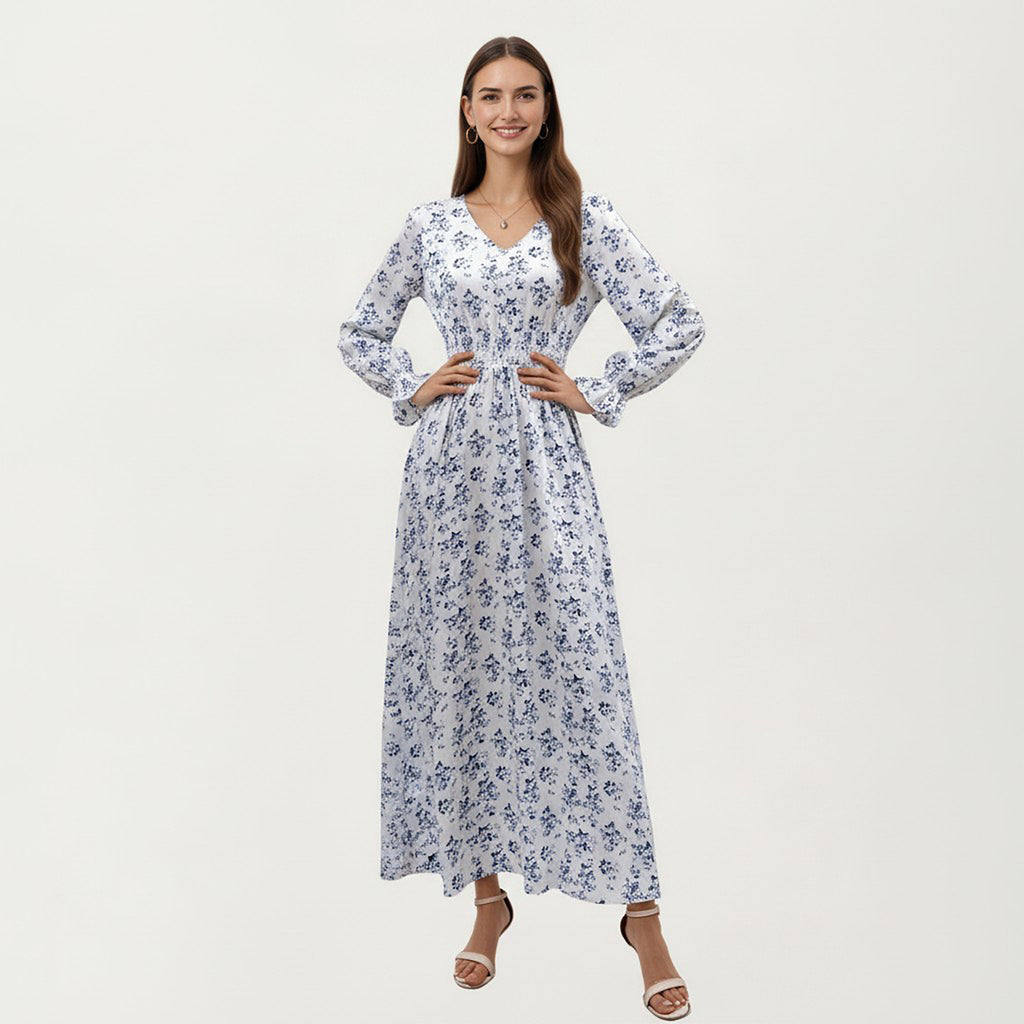 Anna-Kaci Women's Floral Long Sleeve Maxi Dress with V Neckline and Ruffle Cuffs