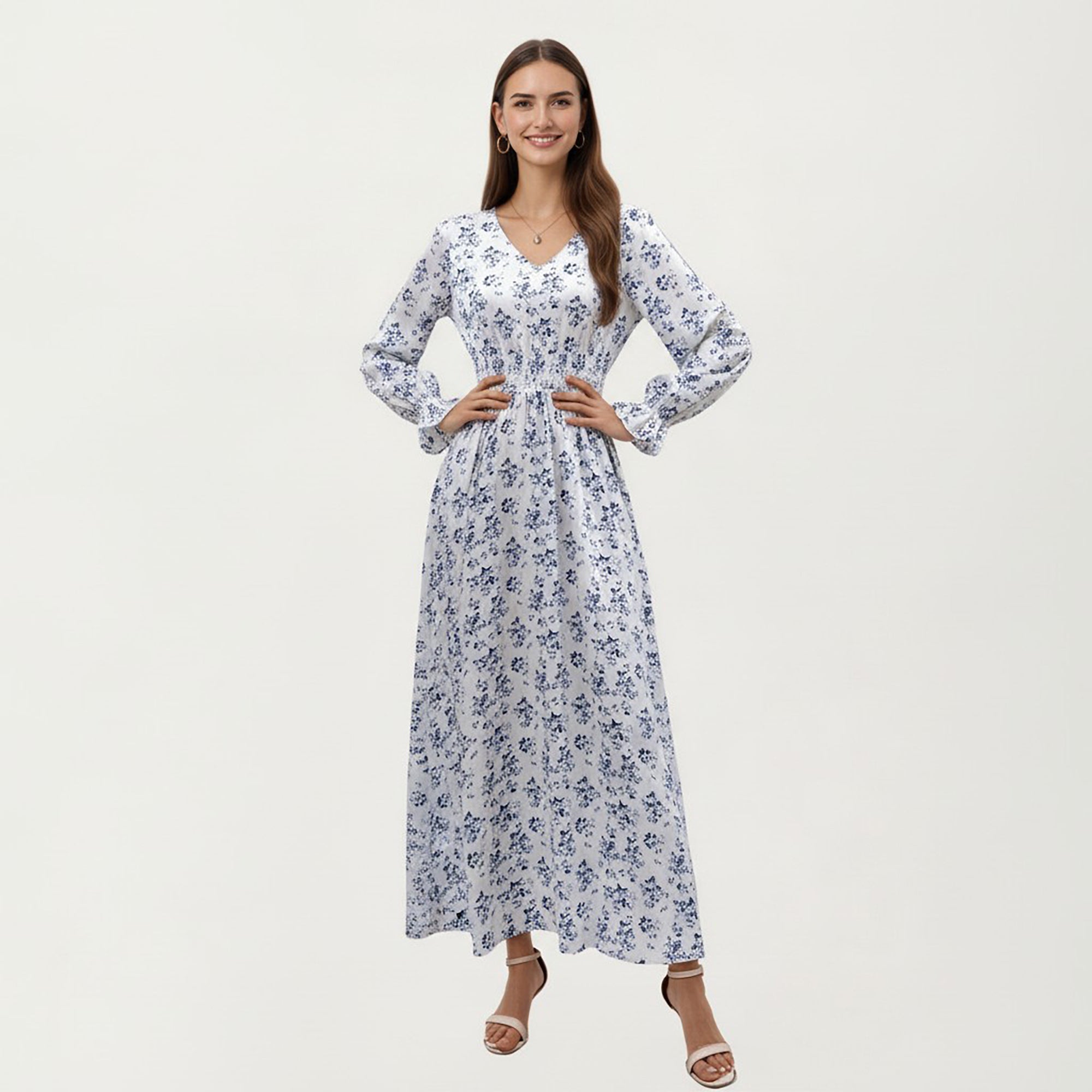 Anna-Kaci Women's Floral Long Sleeve Maxi Dress with V Neckline and Ruffle Cuffs