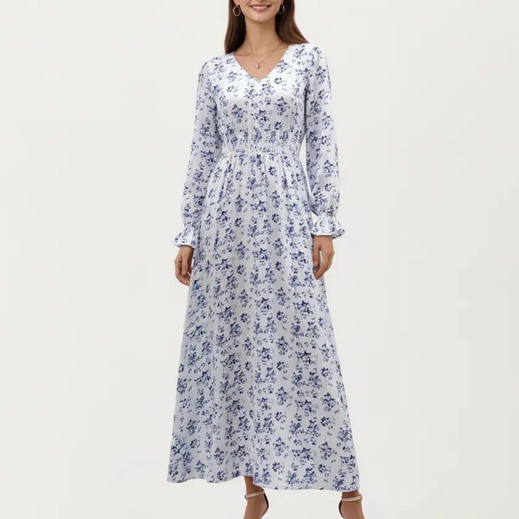 Anna-Kaci Women's Floral Long Sleeve Maxi Dress with V Neckline and Ruffle Cuffs