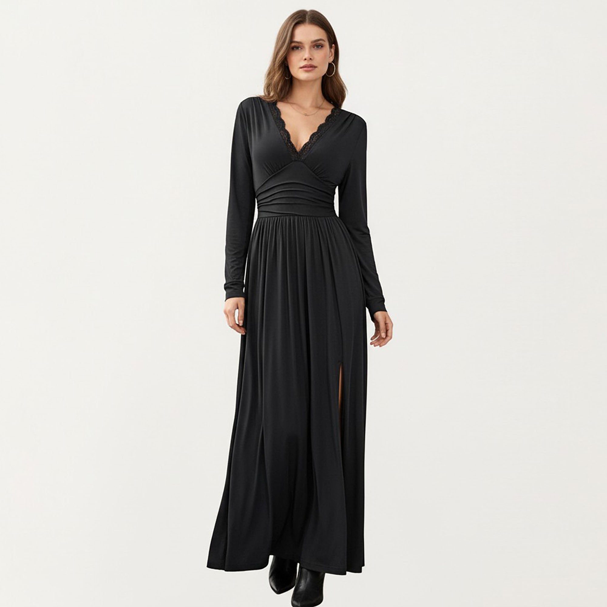 Anna-Kaci Women¡¯s V-Neck Long Sleeve Maxi Dress with Lace Detail and Side Slit for Elegant Flowing Fit