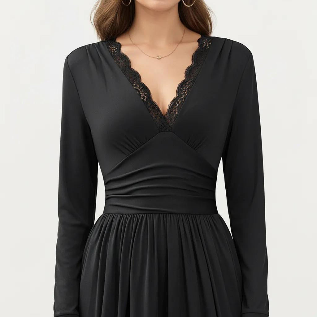 Anna-Kaci Women¡¯s V-Neck Long Sleeve Maxi Dress with Lace Detail and Side Slit for Elegant Flowing Fit