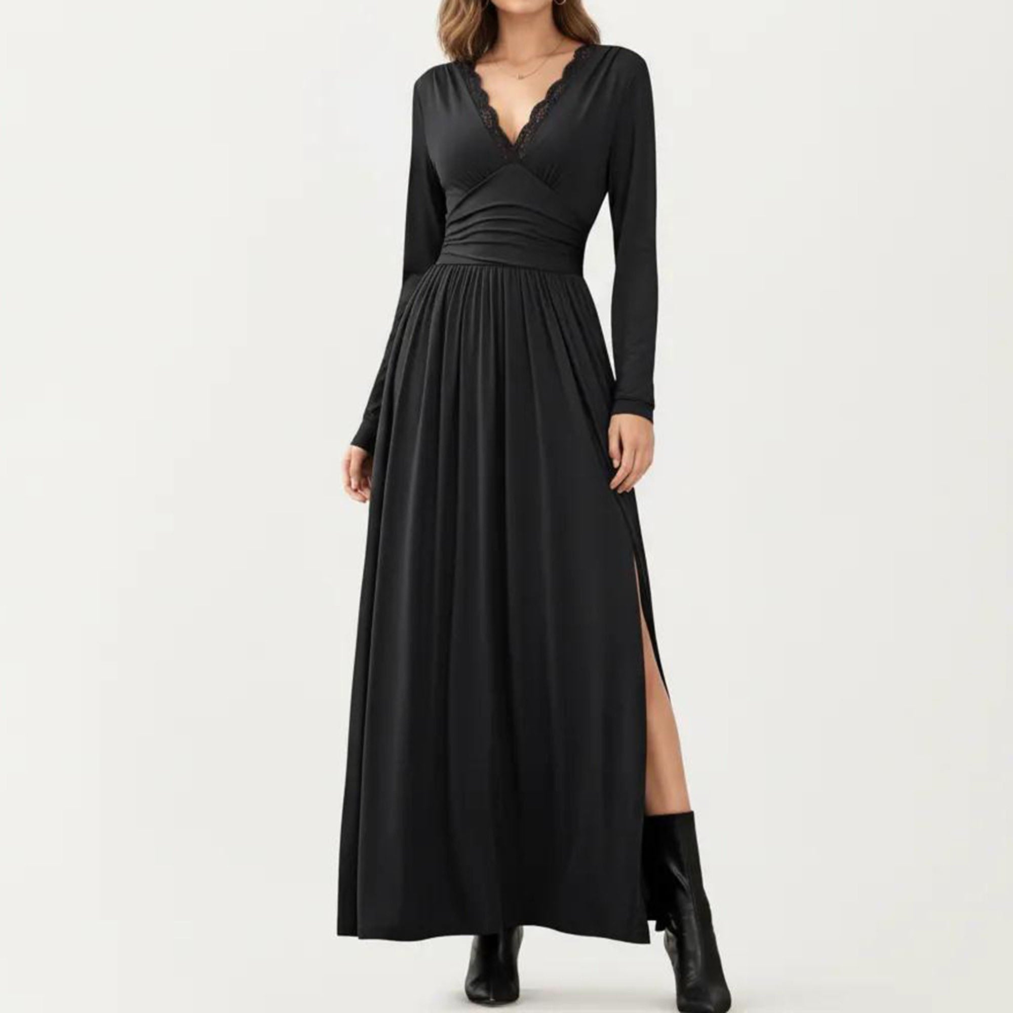 Anna-Kaci Women¡¯s V-Neck Long Sleeve Maxi Dress with Lace Detail and Side Slit for Elegant Flowing Fit
