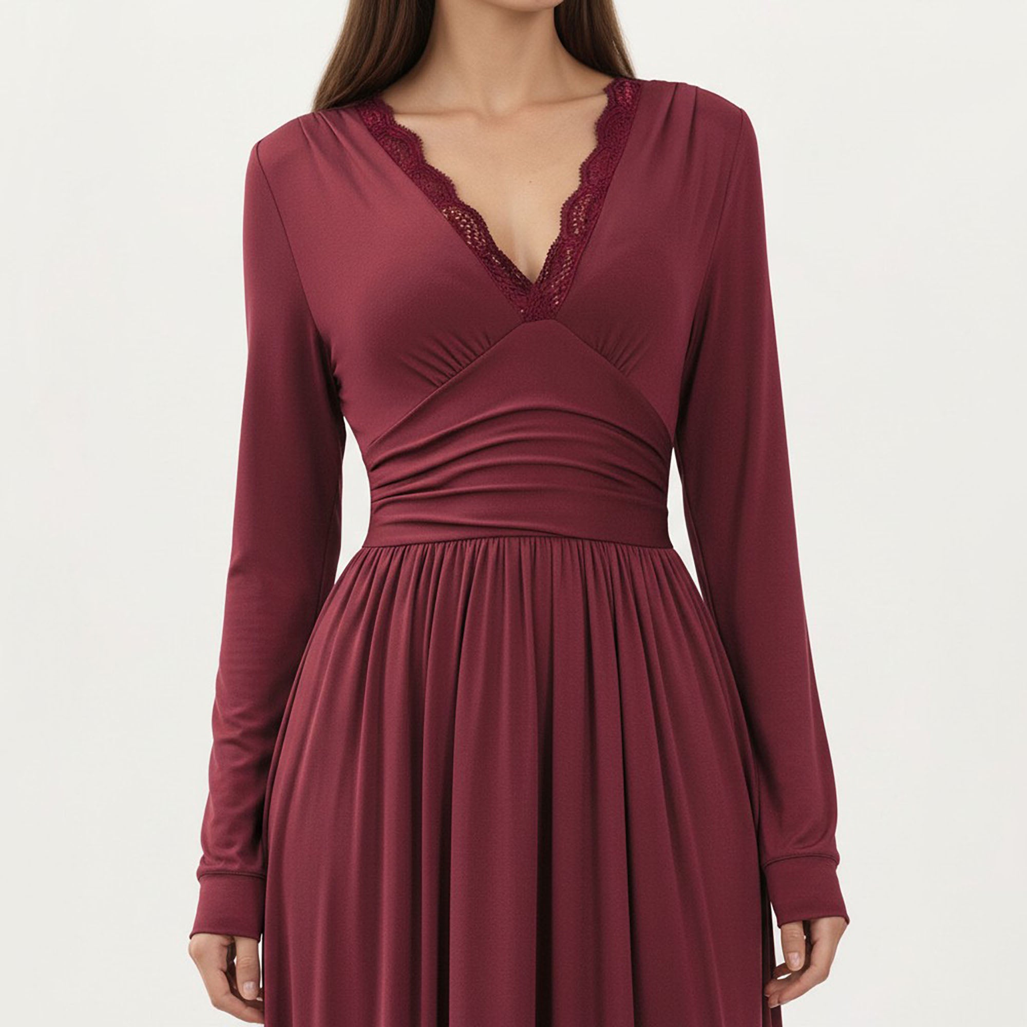 Anna-Kaci Women¡¯s V-Neck Long Sleeve Maxi Dress with Lace Detail and Side Slit for Elegant Flowing Fit