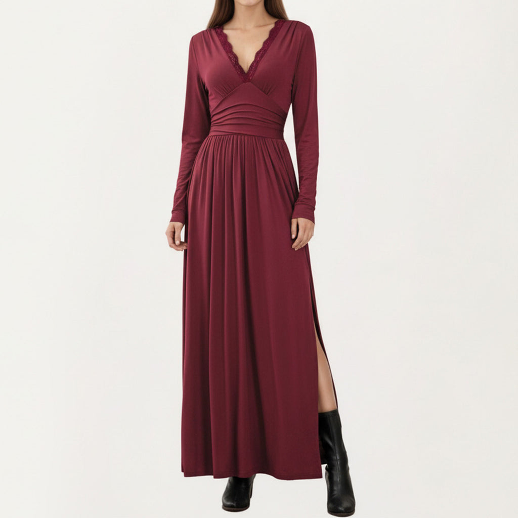 Anna-Kaci Women¡¯s V-Neck Long Sleeve Maxi Dress with Lace Detail and Side Slit for Elegant Flowing Fit