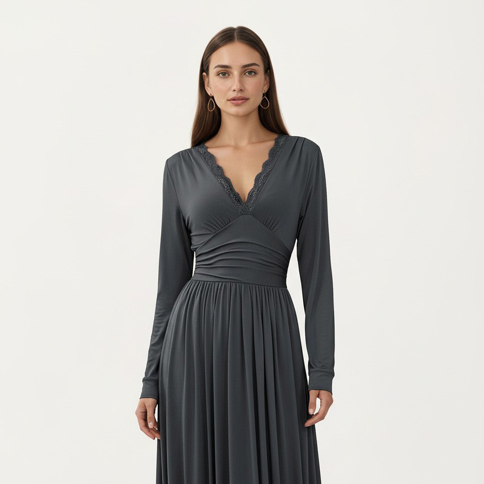 Anna-Kaci Women¡¯s V-Neck Long Sleeve Maxi Dress with Lace Detail and Side Slit for Elegant Flowing Fit