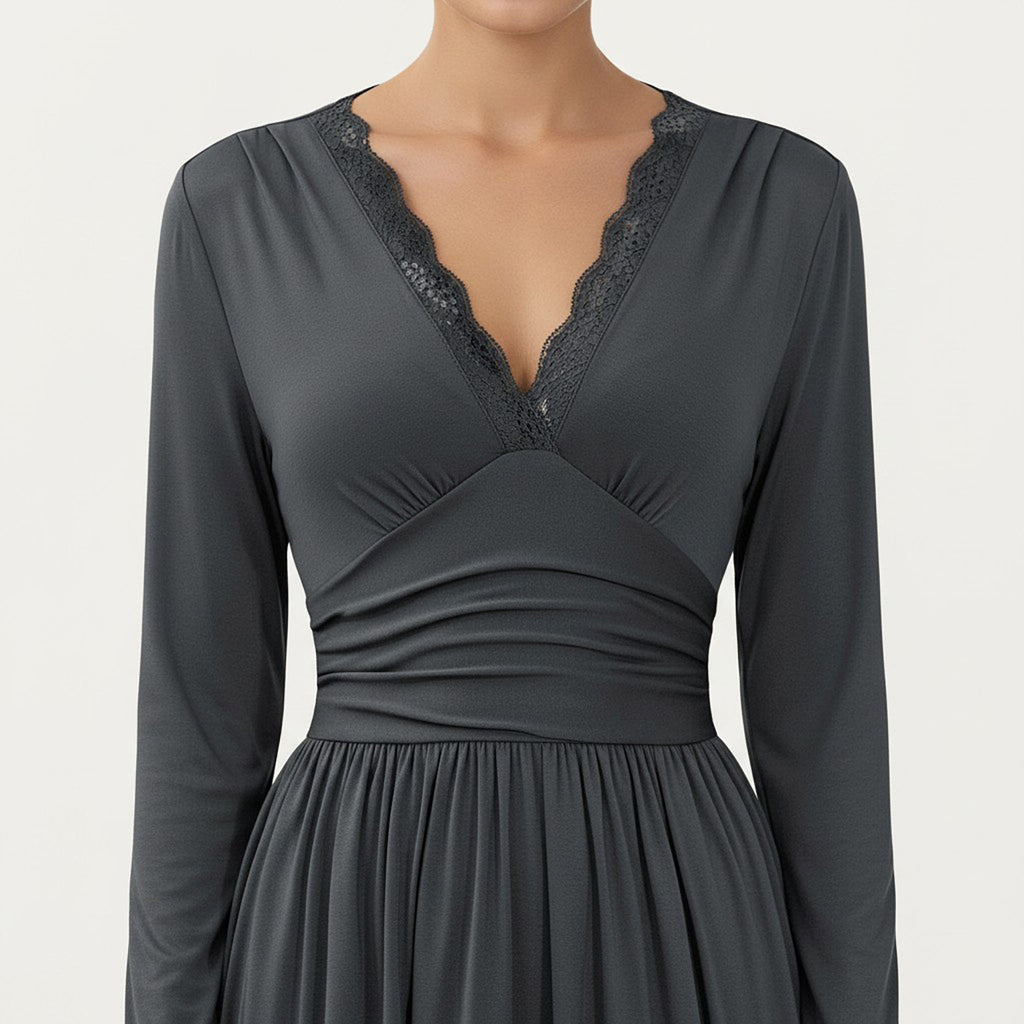 Anna-Kaci Women¡¯s V-Neck Long Sleeve Maxi Dress with Lace Detail and Side Slit for Elegant Flowing Fit