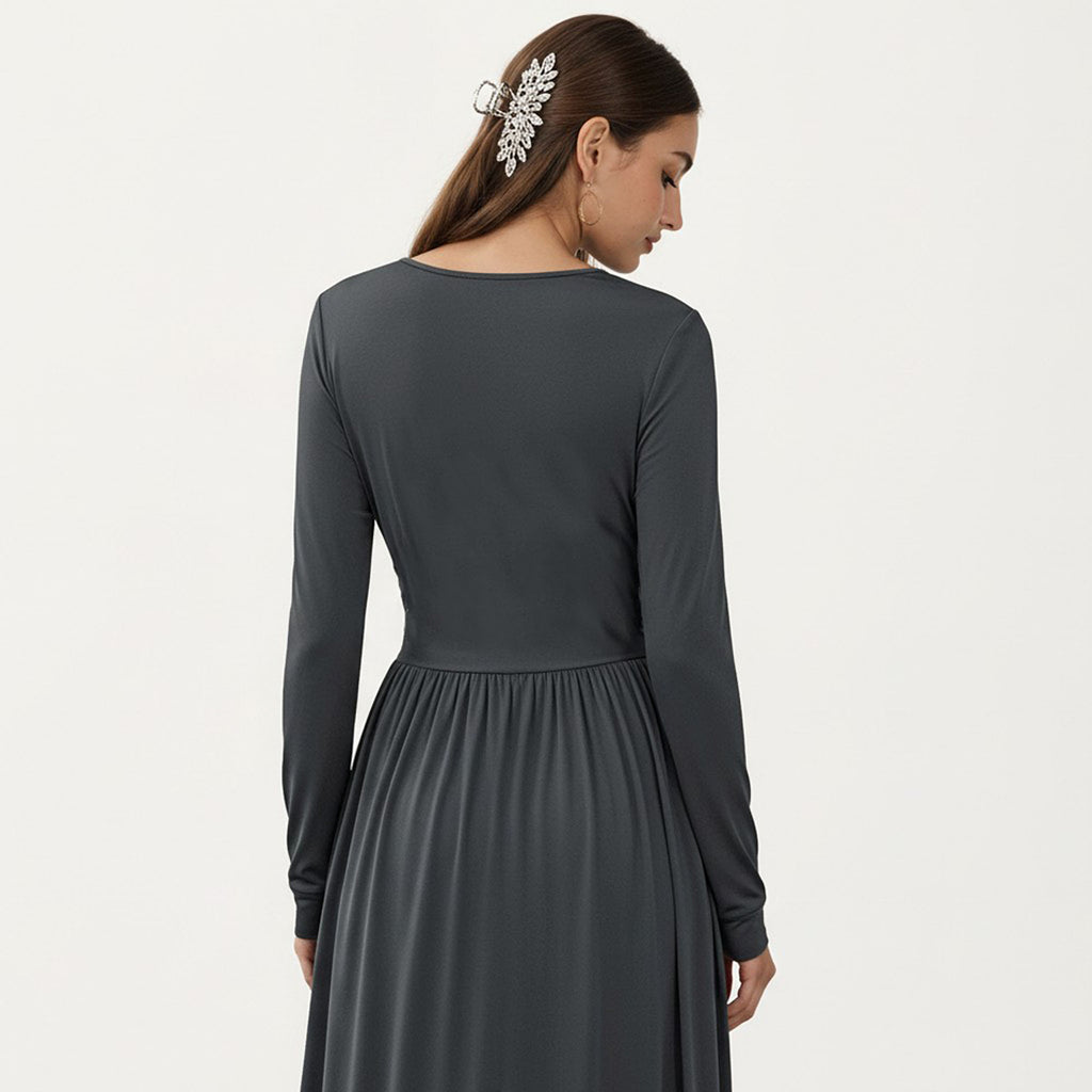 Anna-Kaci Women¡¯s V-Neck Long Sleeve Maxi Dress with Lace Detail and Side Slit for Elegant Flowing Fit