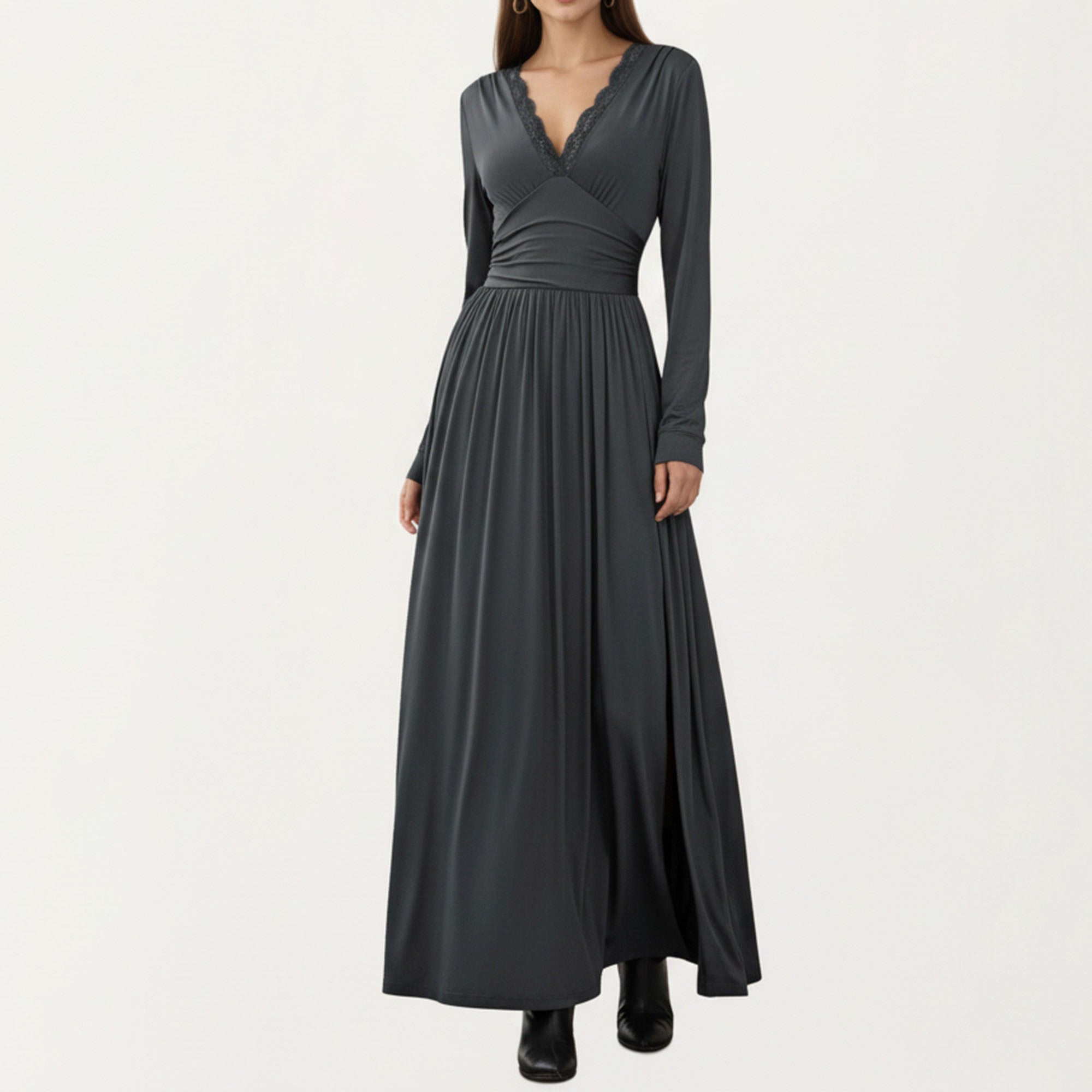 Anna-Kaci Women¡¯s V-Neck Long Sleeve Maxi Dress with Lace Detail and Side Slit for Elegant Flowing Fit