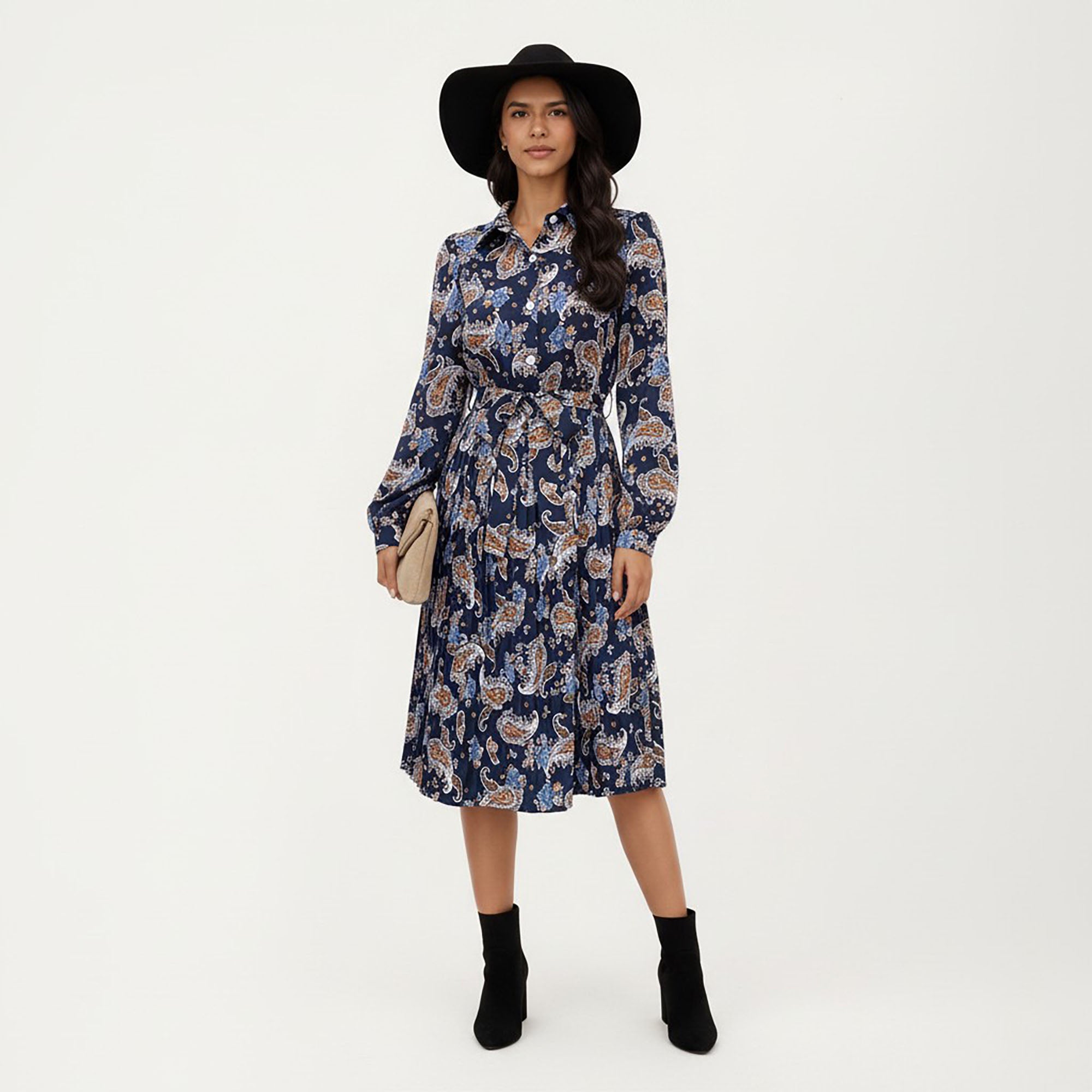 Anna-Kaci Women¡¯s Paisley Print Pleated Shirt Dress with Tie Waist and Long Sleeves for a Flattering Fit