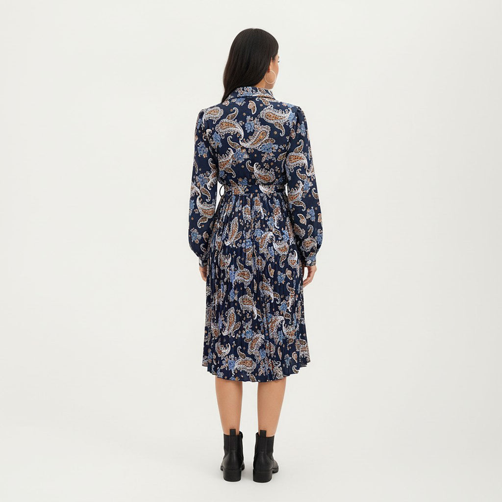Anna-Kaci Women¡¯s Paisley Print Pleated Shirt Dress with Tie Waist and Long Sleeves for a Flattering Fit