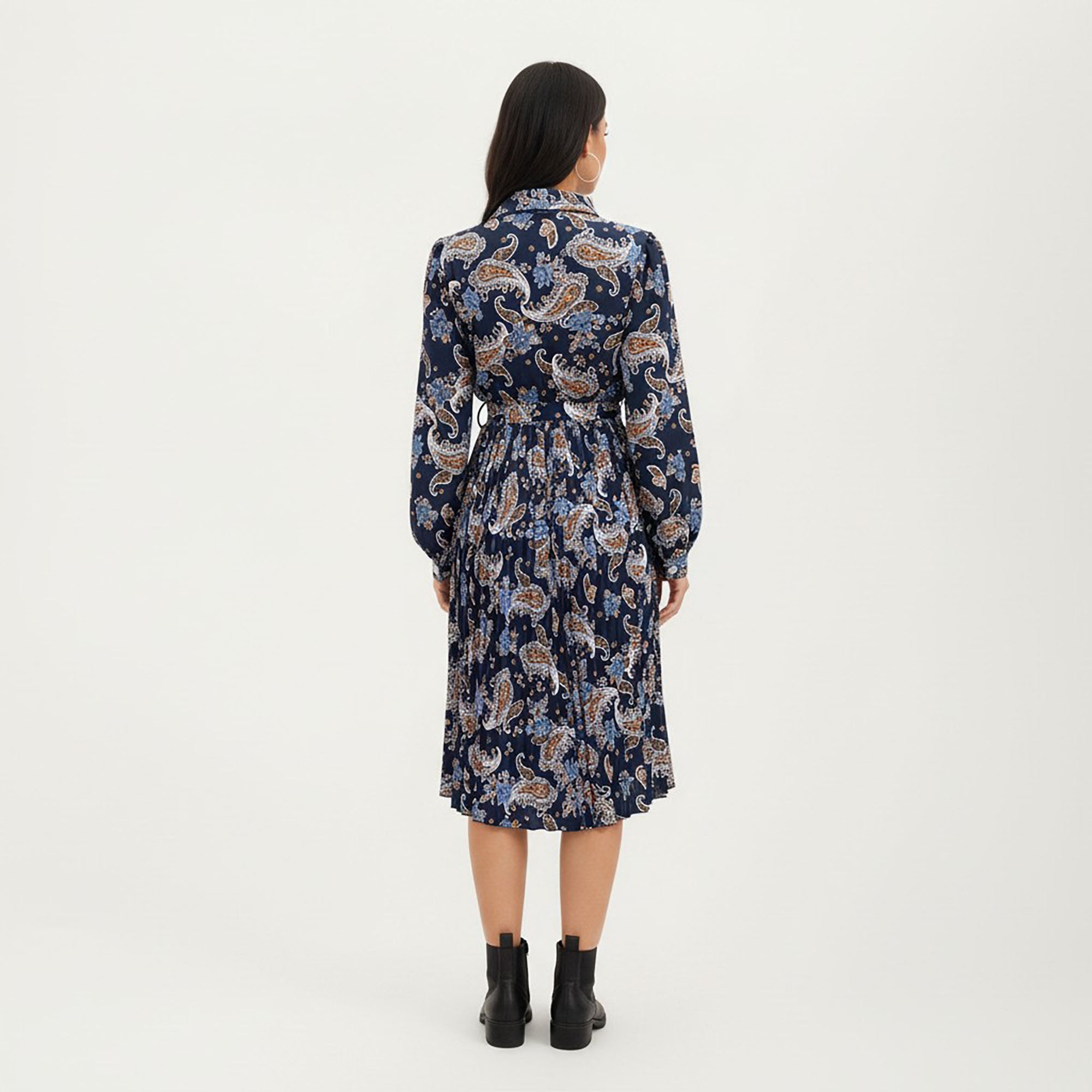 Anna-Kaci Women¡¯s Paisley Print Pleated Shirt Dress with Tie Waist and Long Sleeves for a Flattering Fit
