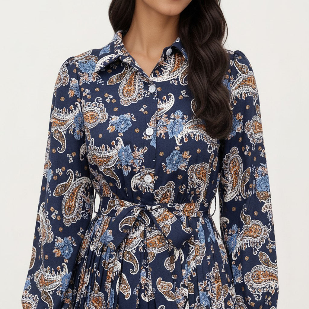 Anna-Kaci Women¡¯s Paisley Print Pleated Shirt Dress with Tie Waist and Long Sleeves for a Flattering Fit