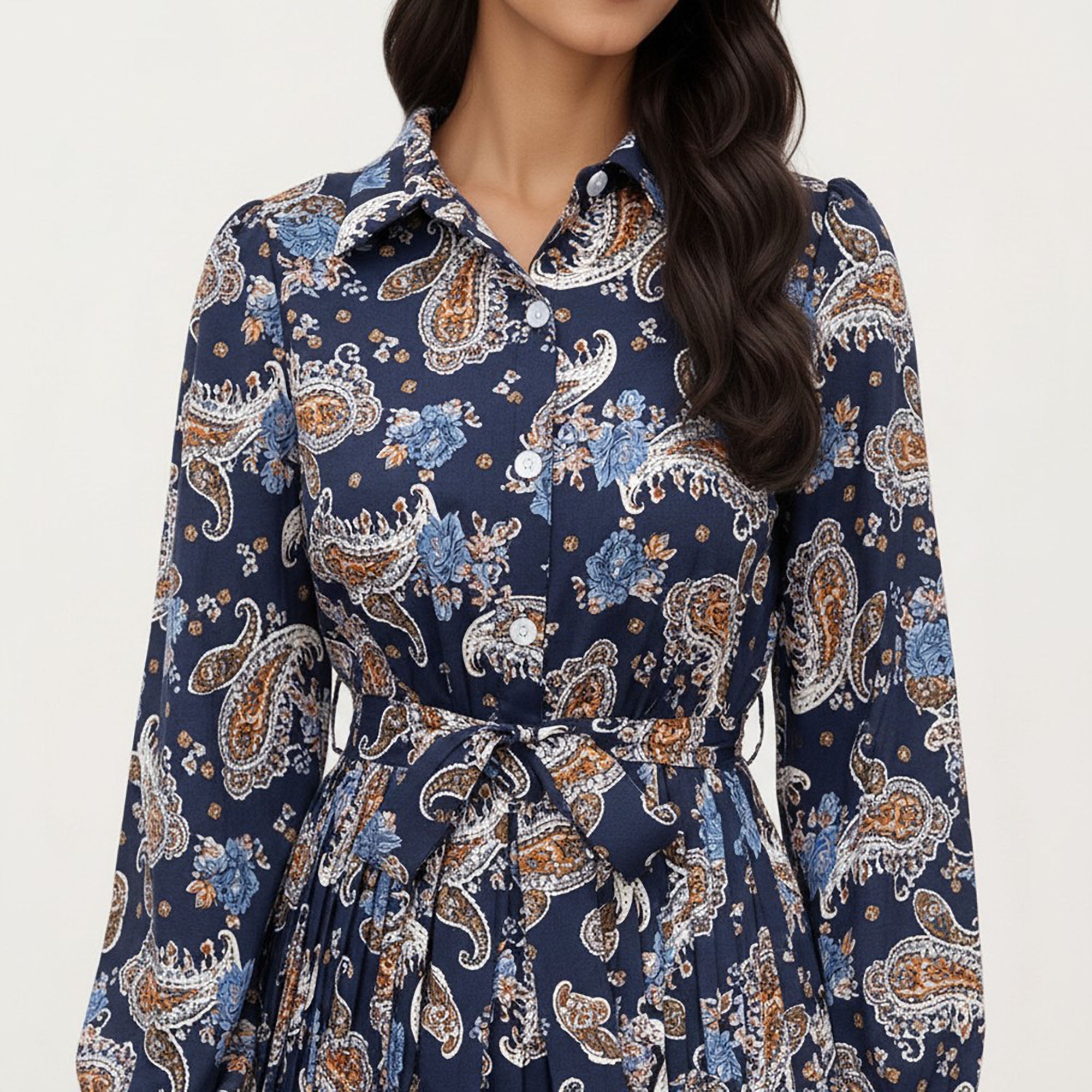 Anna-Kaci Women¡¯s Paisley Print Pleated Shirt Dress with Tie Waist and Long Sleeves for a Flattering Fit