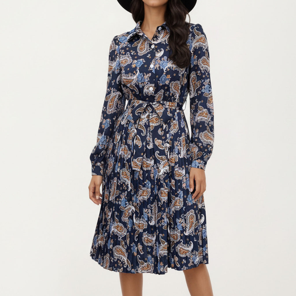 Anna-Kaci Women¡¯s Paisley Print Pleated Shirt Dress with Tie Waist and Long Sleeves for a Flattering Fit