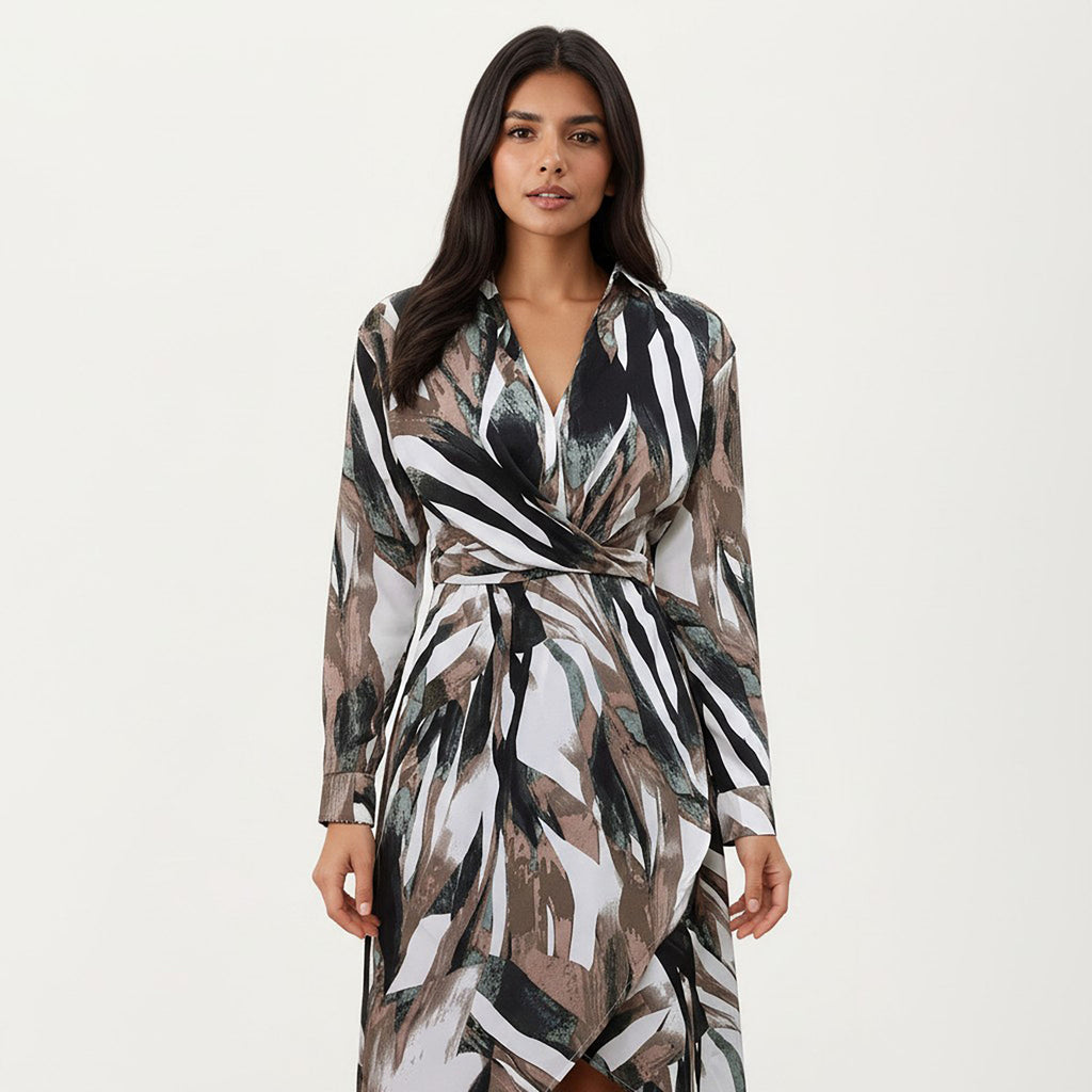 Anna-Kaci Women¡¯s Abstract Print Long Sleeve Wrap Dress with Belt and Asymmetrical Hem for a Flattering Fit