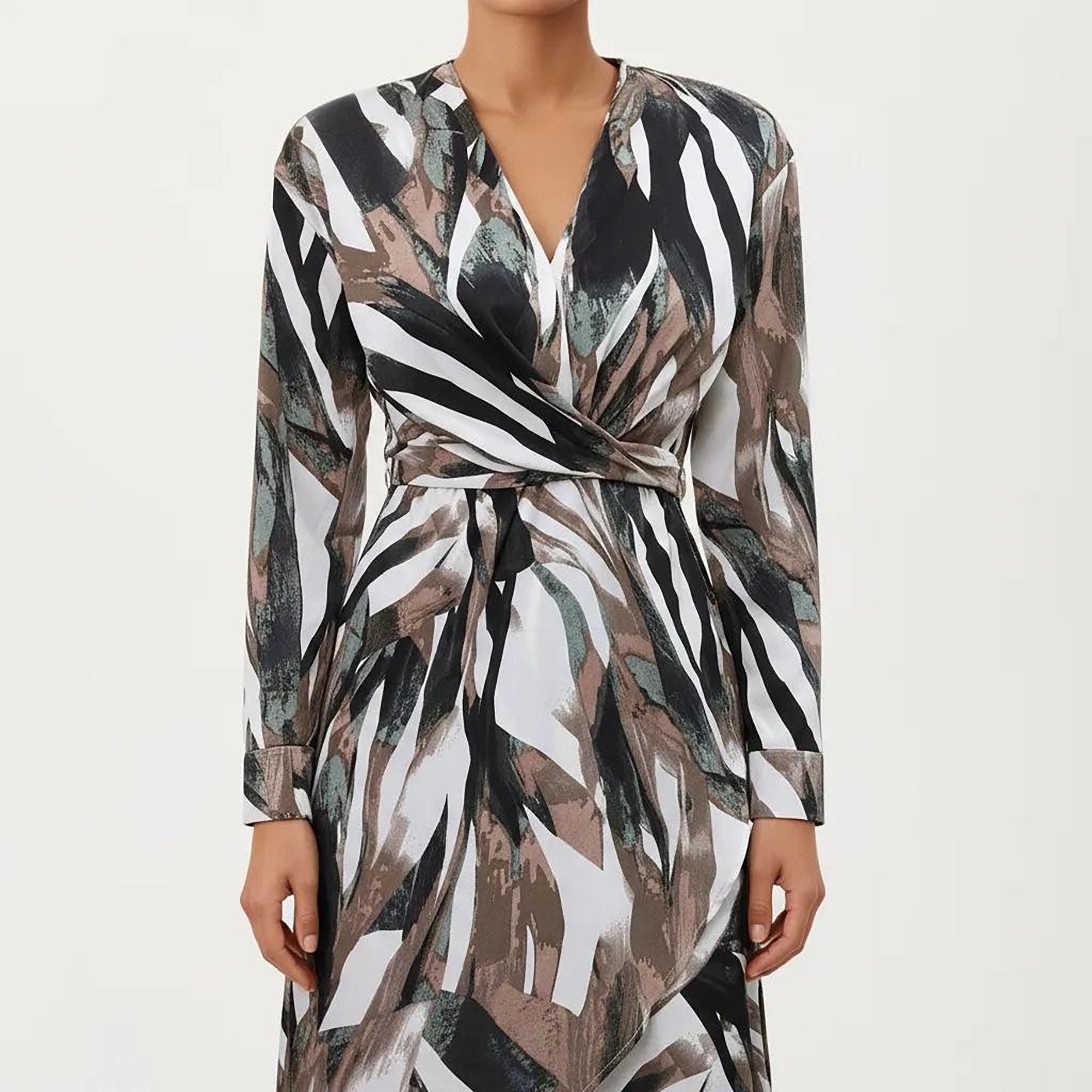 Anna-Kaci Women¡¯s Abstract Print Long Sleeve Wrap Dress with Belt and Asymmetrical Hem for a Flattering Fit
