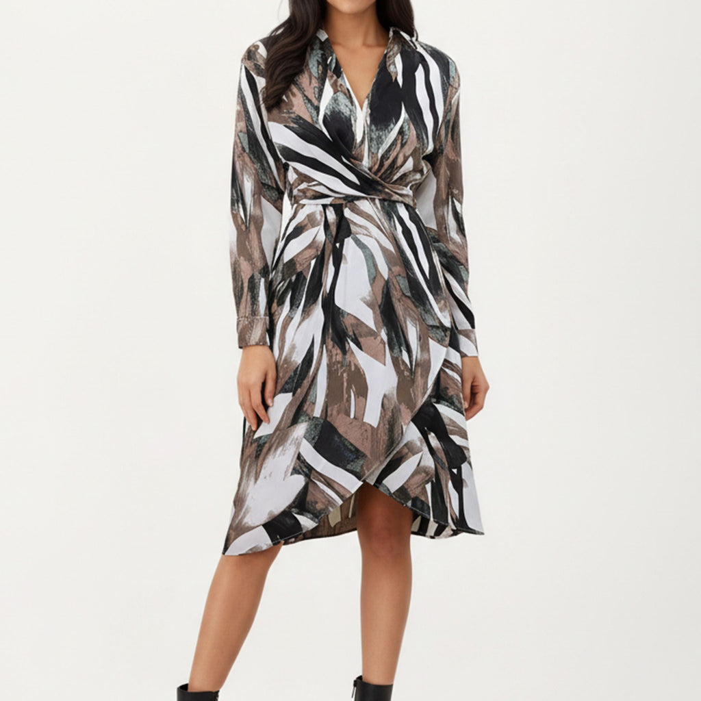 Anna-Kaci Women¡¯s Abstract Print Long Sleeve Wrap Dress with Belt and Asymmetrical Hem for a Flattering Fit