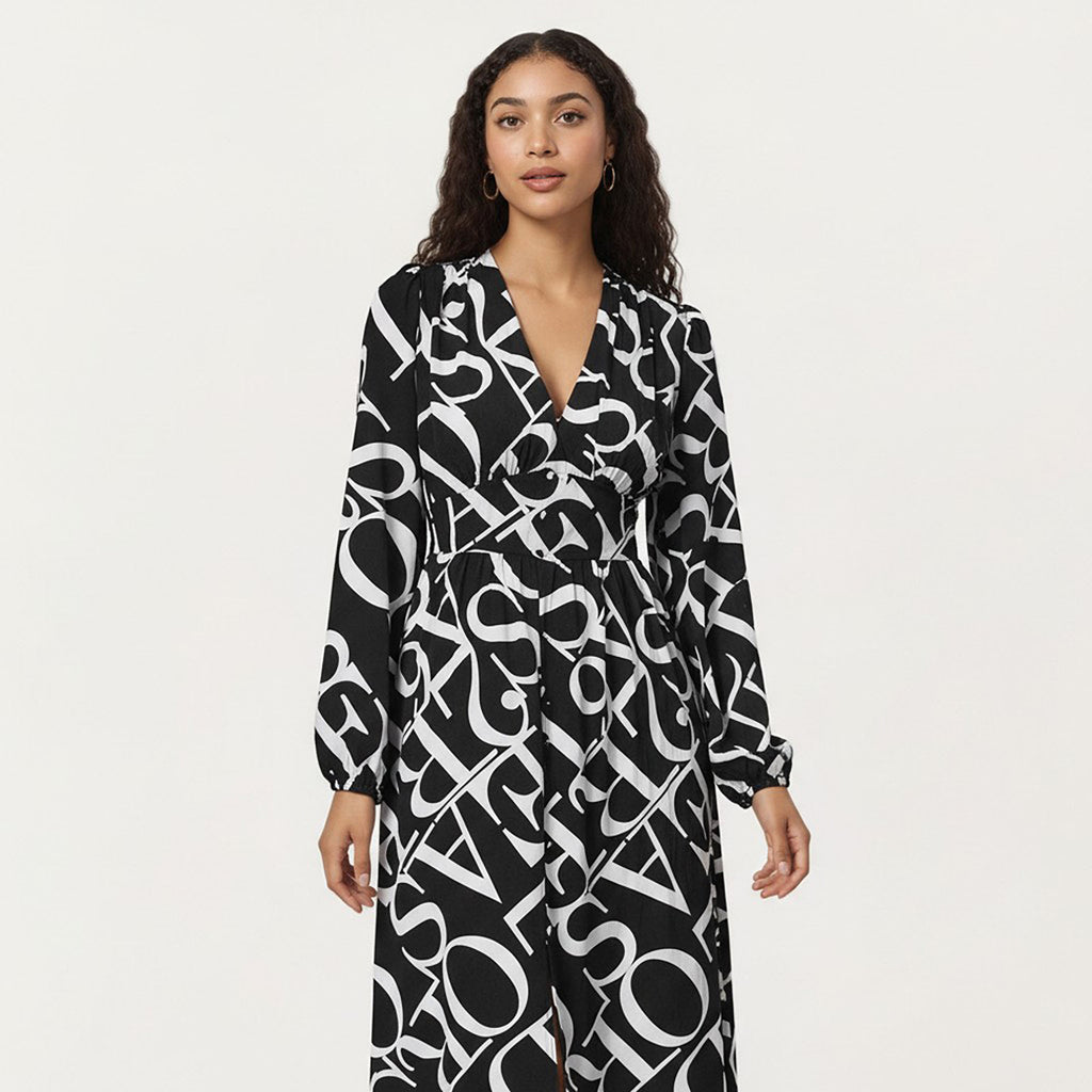 Anna-Kaci Women¡¯s Black and White Abstract Logo Print Long Sleeve Wrap Dress with Belt and Asymmetrical Hem