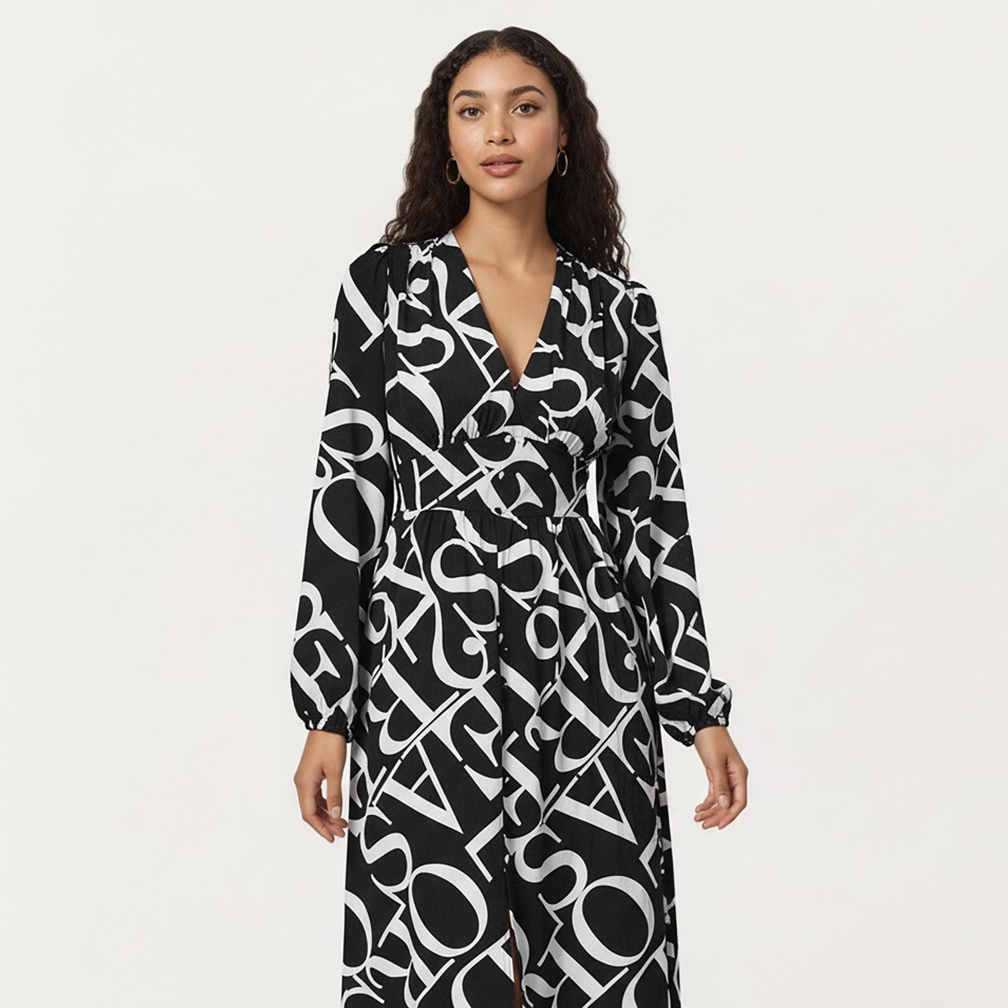 Anna-Kaci Women¡¯s Black and White Abstract Logo Print Long Sleeve Wrap Dress with Belt and Asymmetrical Hem