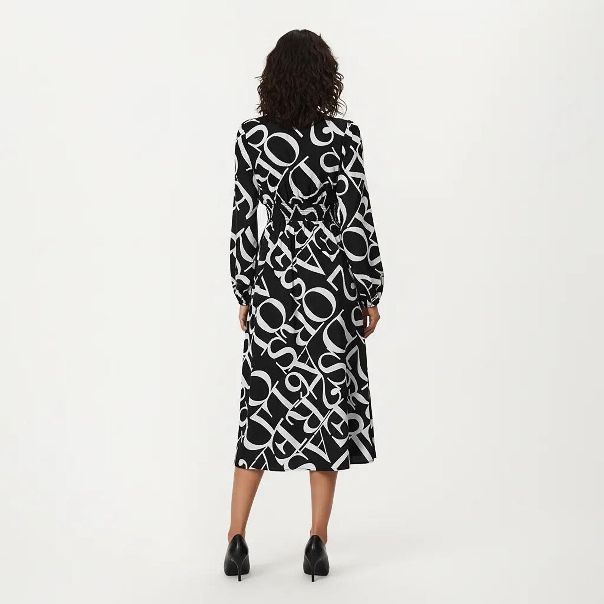 Anna-Kaci Women¡¯s Black and White Abstract Logo Print Long Sleeve Wrap Dress with Belt and Asymmetrical Hem
