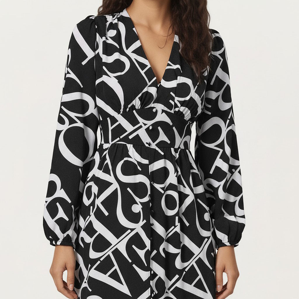 Anna-Kaci Women¡¯s Black and White Abstract Logo Print Long Sleeve Wrap Dress with Belt and Asymmetrical Hem