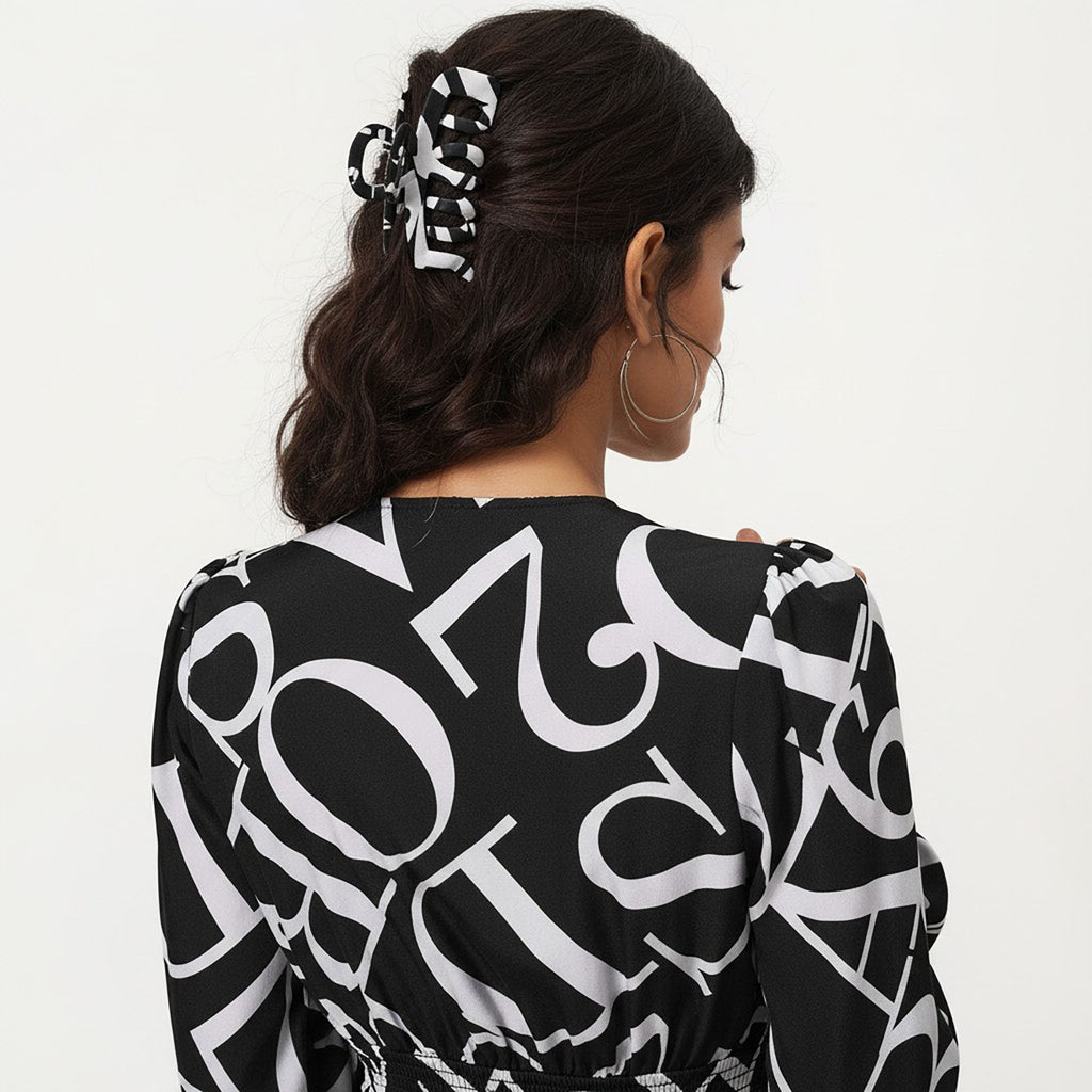 Anna-Kaci Women¡¯s Black and White Abstract Logo Print Long Sleeve Wrap Dress with Belt and Asymmetrical Hem