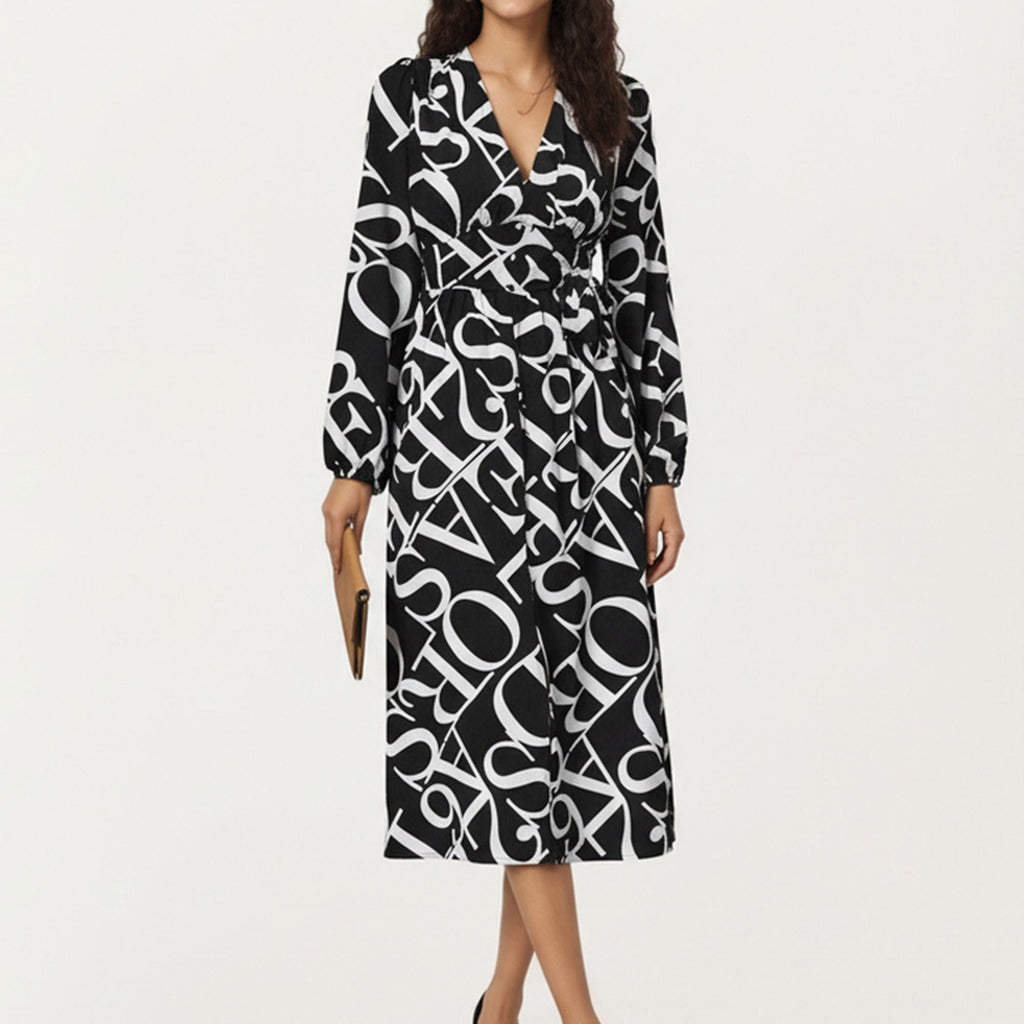 Anna-Kaci Women¡¯s Black and White Abstract Logo Print Long Sleeve Wrap Dress with Belt and Asymmetrical Hem