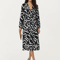 Anna-Kaci Women¡¯s Black and White Abstract Logo Print Long Sleeve Wrap Dress with Belt and Asymmetrical Hem