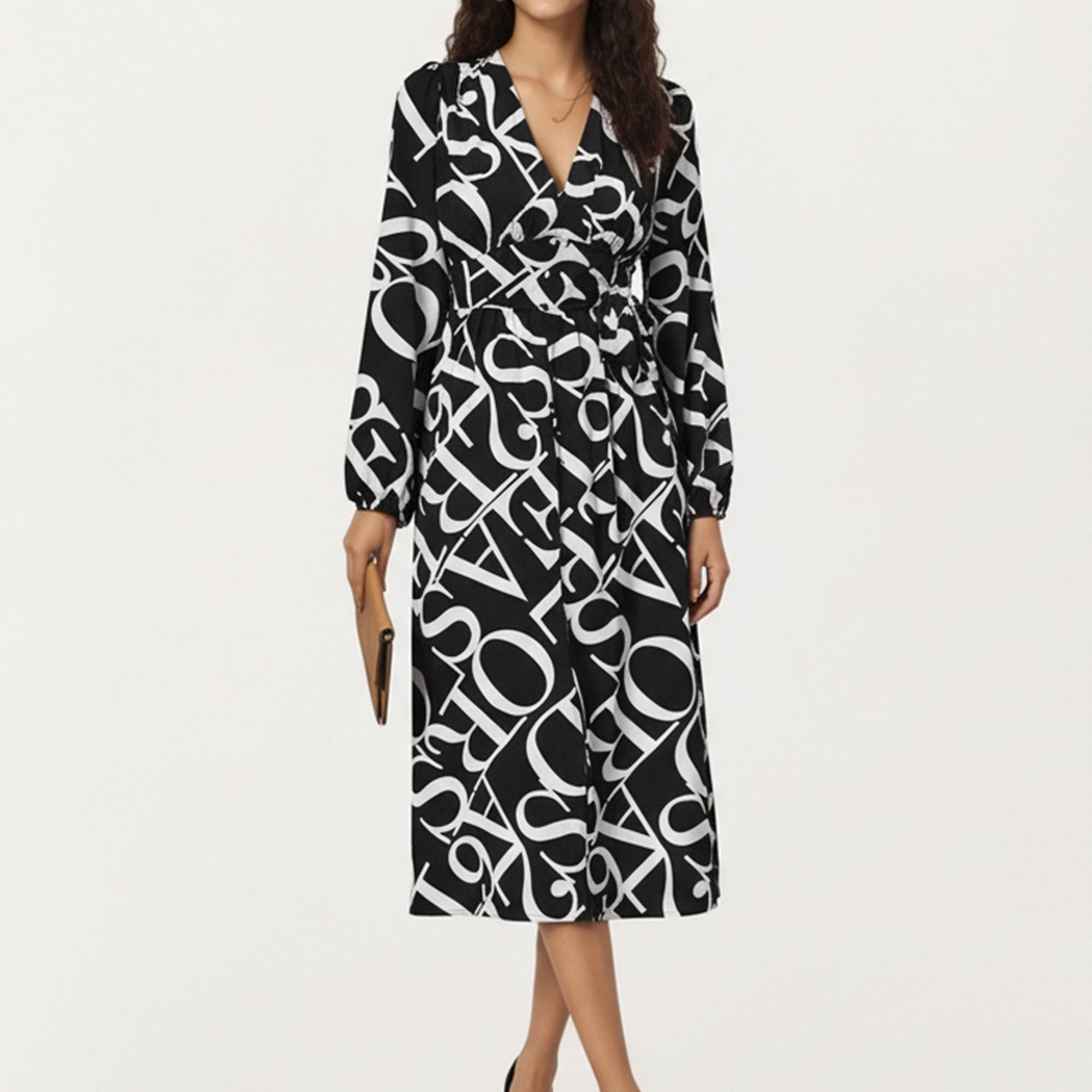 Anna-Kaci Women¡¯s Black and White Abstract Logo Print Long Sleeve Wrap Dress with Belt and Asymmetrical Hem