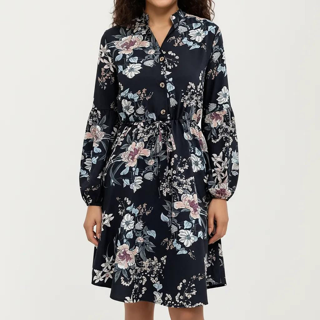 Anna-Kaci Women¡¯s Floral Print Shirt Dress with Tie Waist and Long Sleeves