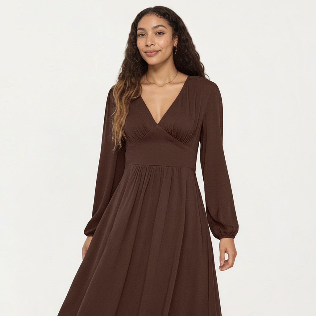 Anna-Kaci Women¡¯s Long Sleeve Brown Dress with V-Neck and Elastic Waist