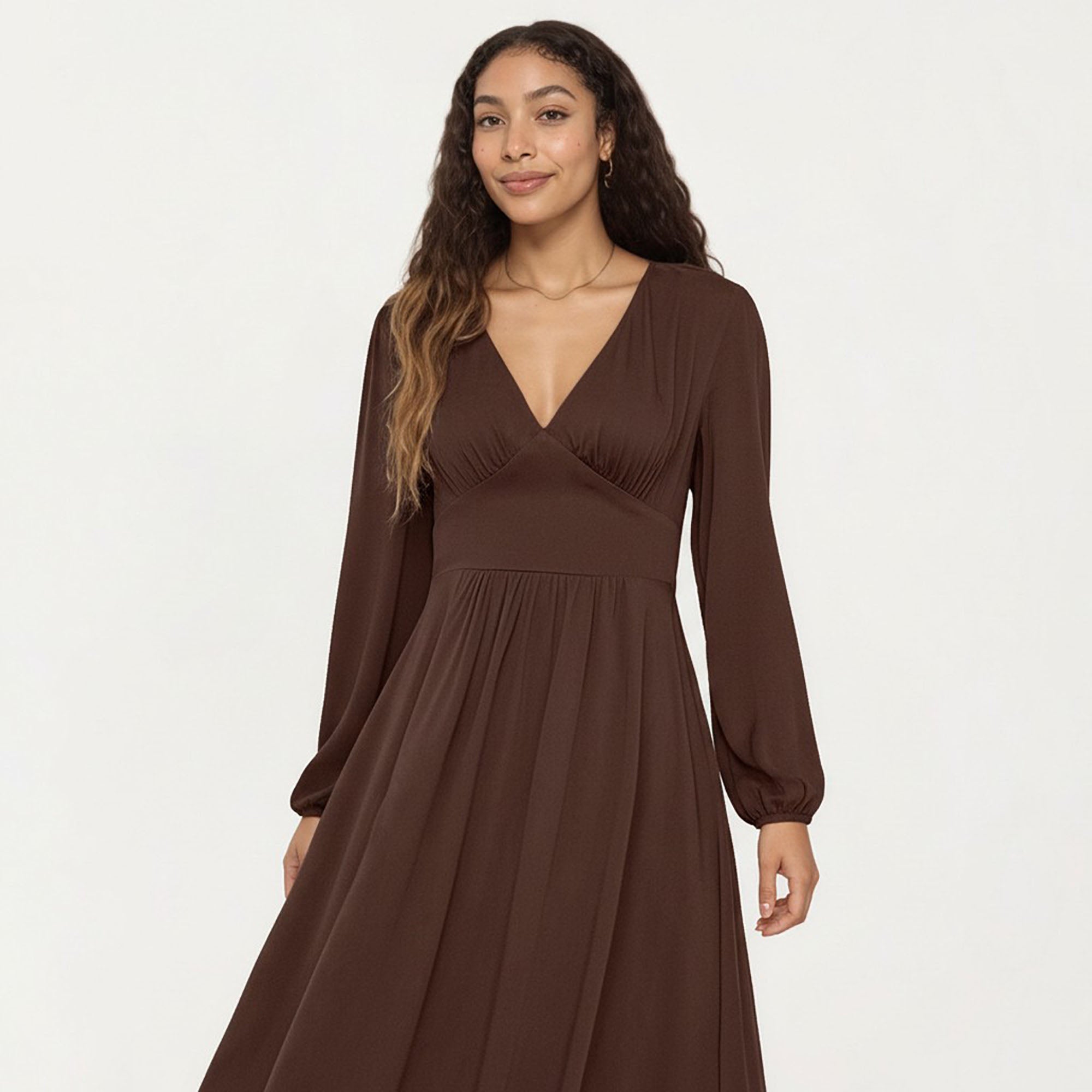 Anna-Kaci Women¡¯s Long Sleeve Brown Dress with V-Neck and Elastic Waist