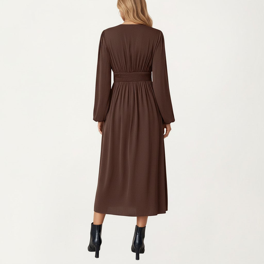 Anna-Kaci Women¡¯s Long Sleeve Brown Dress with V-Neck and Elastic Waist