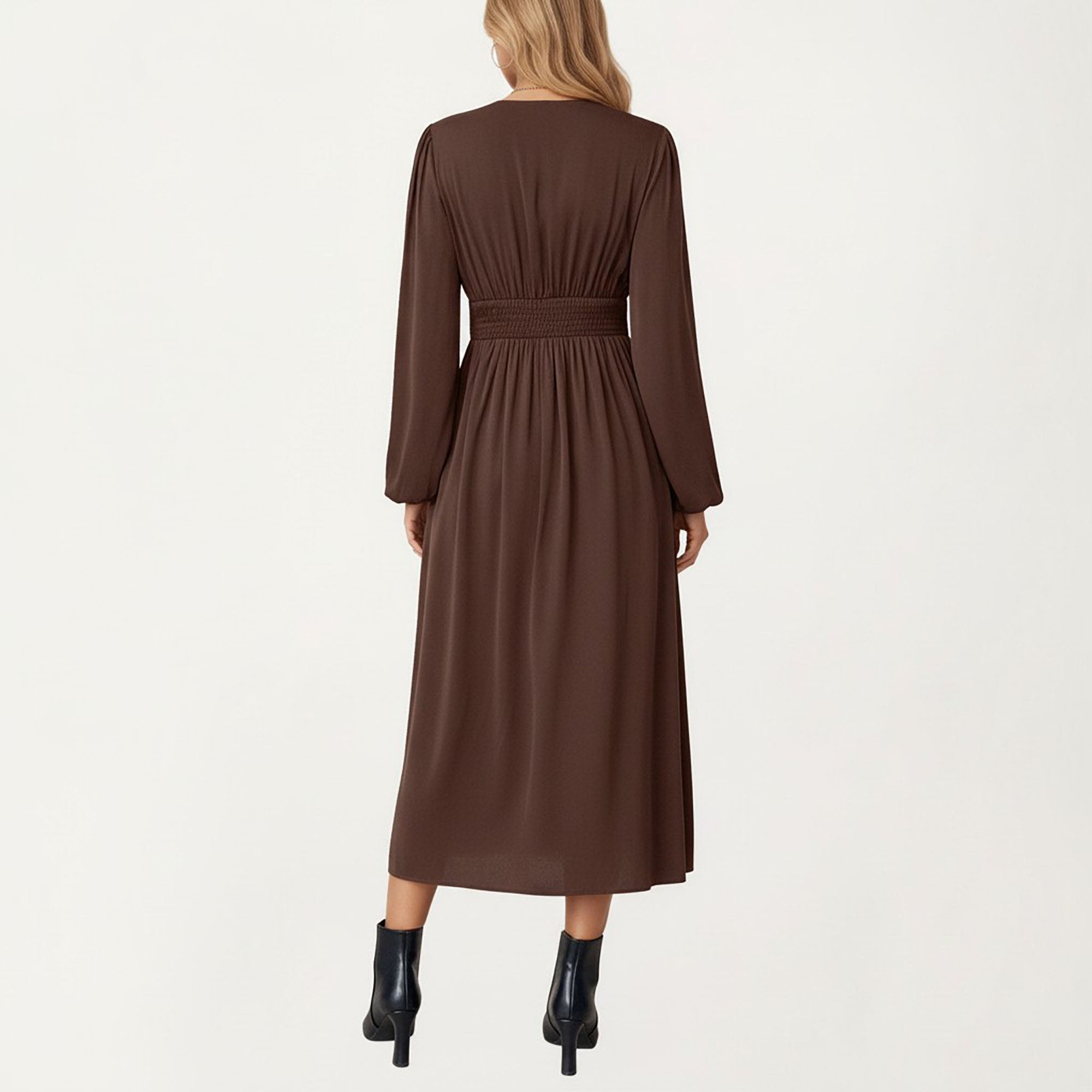 Anna-Kaci Women¡¯s Long Sleeve Brown Dress with V-Neck and Elastic Waist