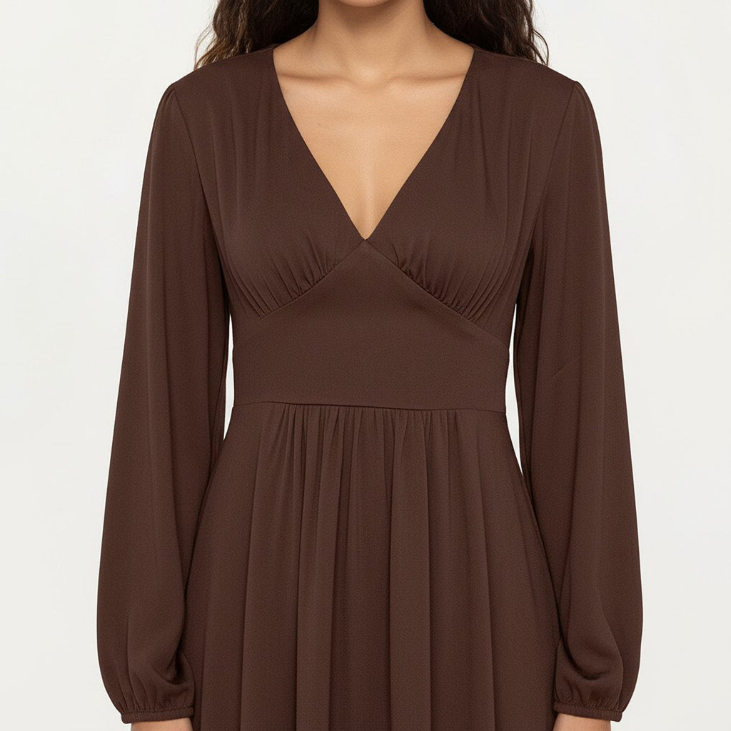 Anna-Kaci Women¡¯s Long Sleeve Brown Dress with V-Neck and Elastic Waist