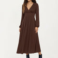 Anna-Kaci Women¡¯s Long Sleeve Brown Dress with V-Neck and Elastic Waist