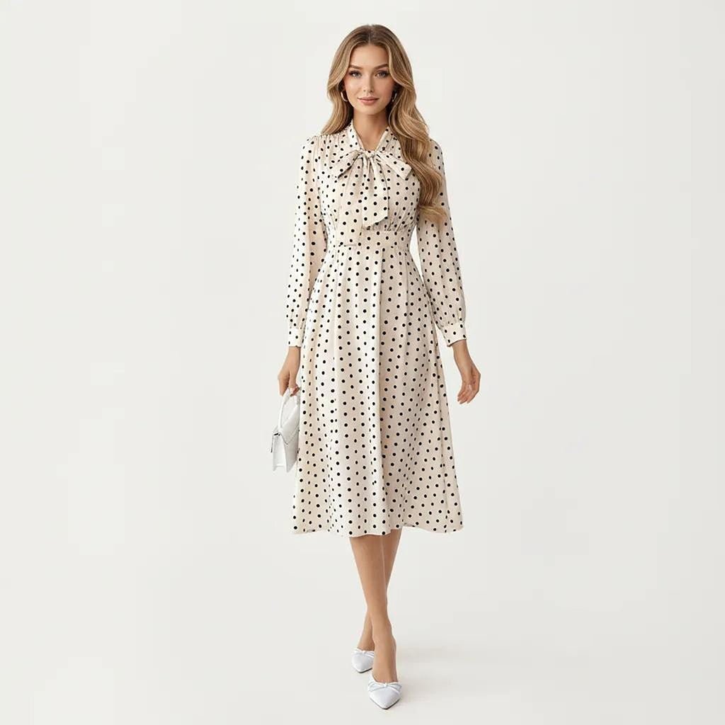 Anna-Kaci Women¡¯s Polka Dot Long Sleeve Dress with Bow Tie Neckline