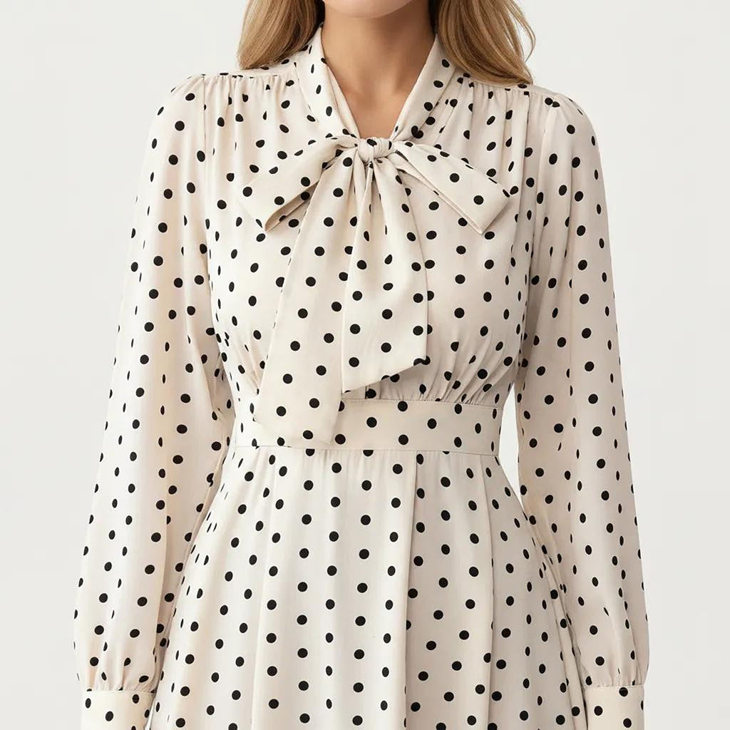 Anna-Kaci Women¡¯s Polka Dot Long Sleeve Dress with Bow Tie Neckline