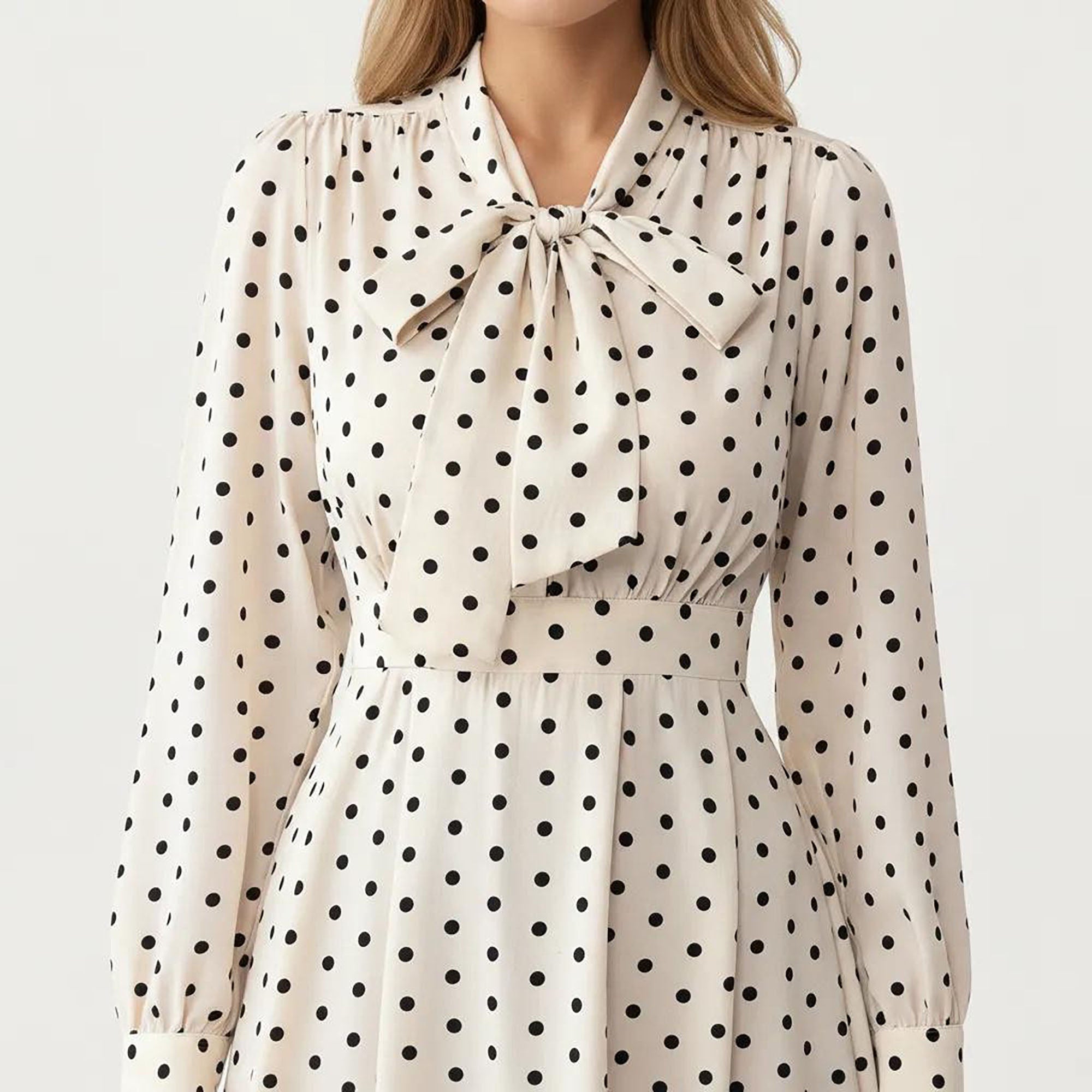 Anna-Kaci Women¡¯s Polka Dot Long Sleeve Dress with Bow Tie Neckline