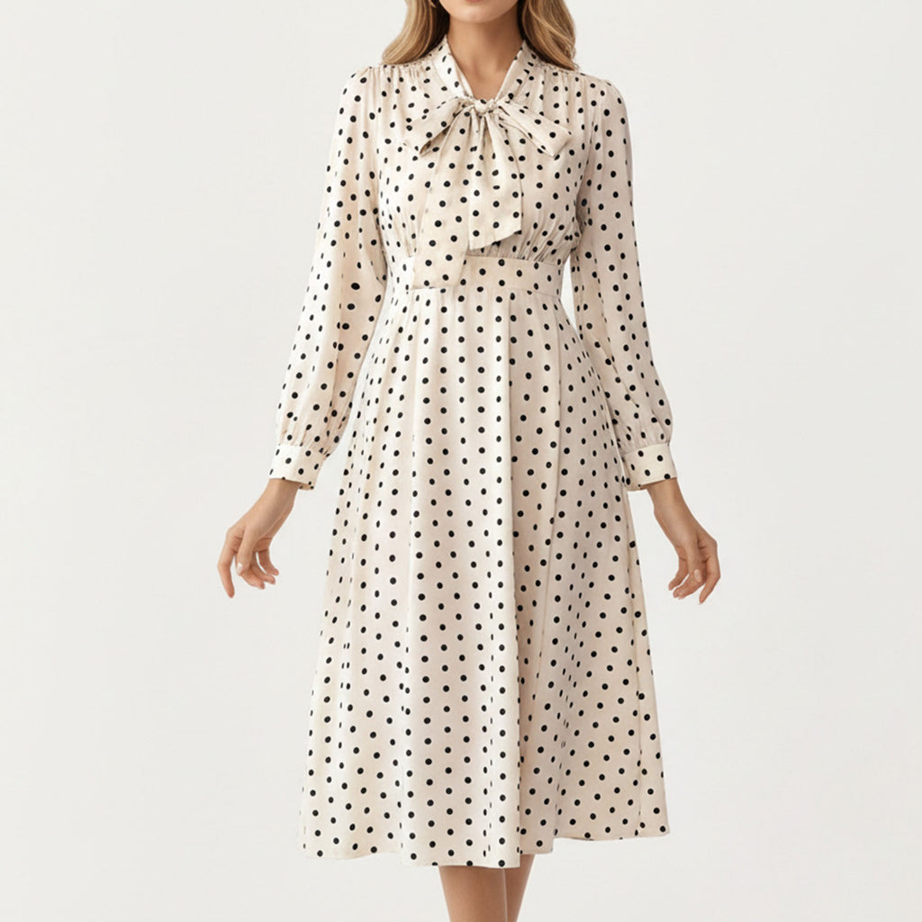 Anna-Kaci Women¡¯s Polka Dot Long Sleeve Dress with Bow Tie Neckline