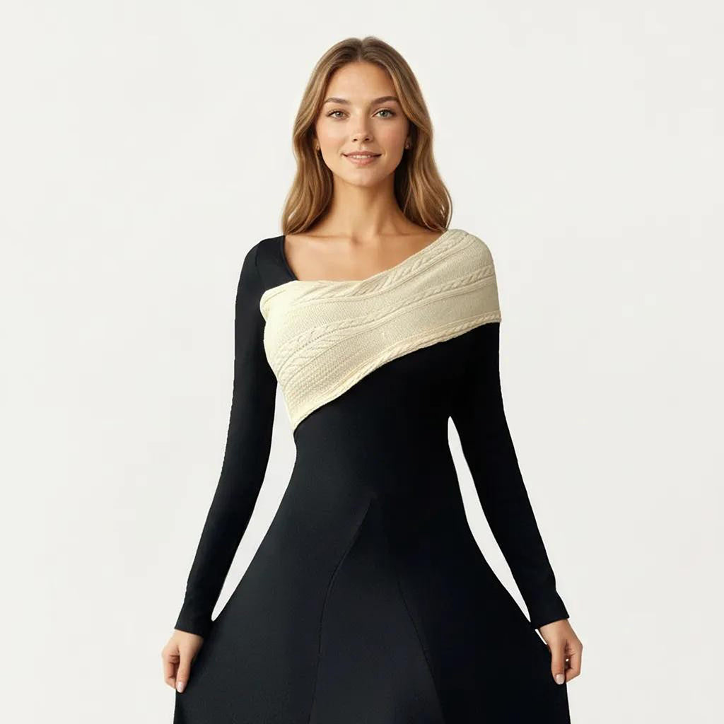 Anna-Kaci Women¡¯s Black Midi Dress with Off-Shoulder Knit Detail and Long Sleeves