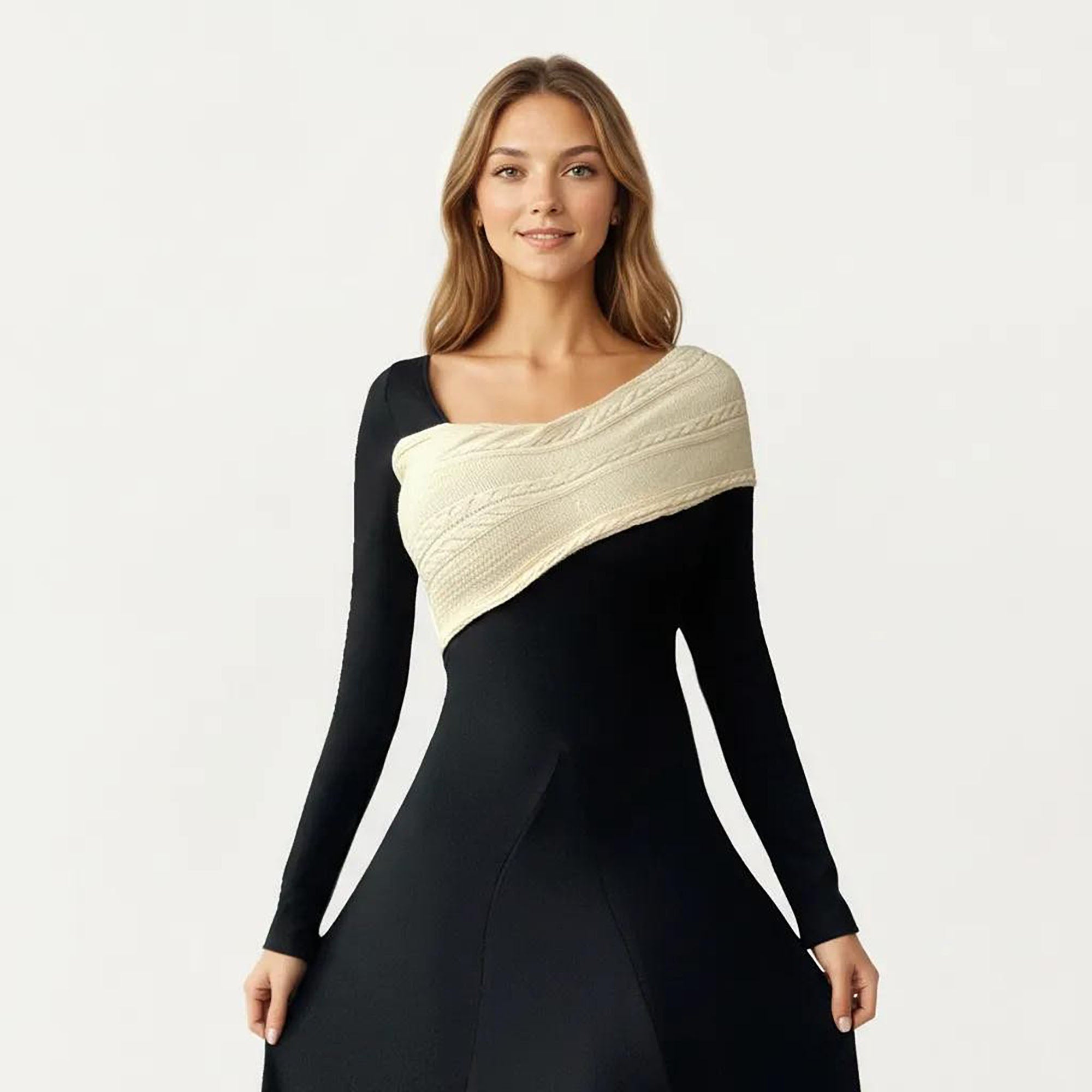 Anna-Kaci Women¡¯s Black Midi Dress with Off-Shoulder Knit Detail and Long Sleeves