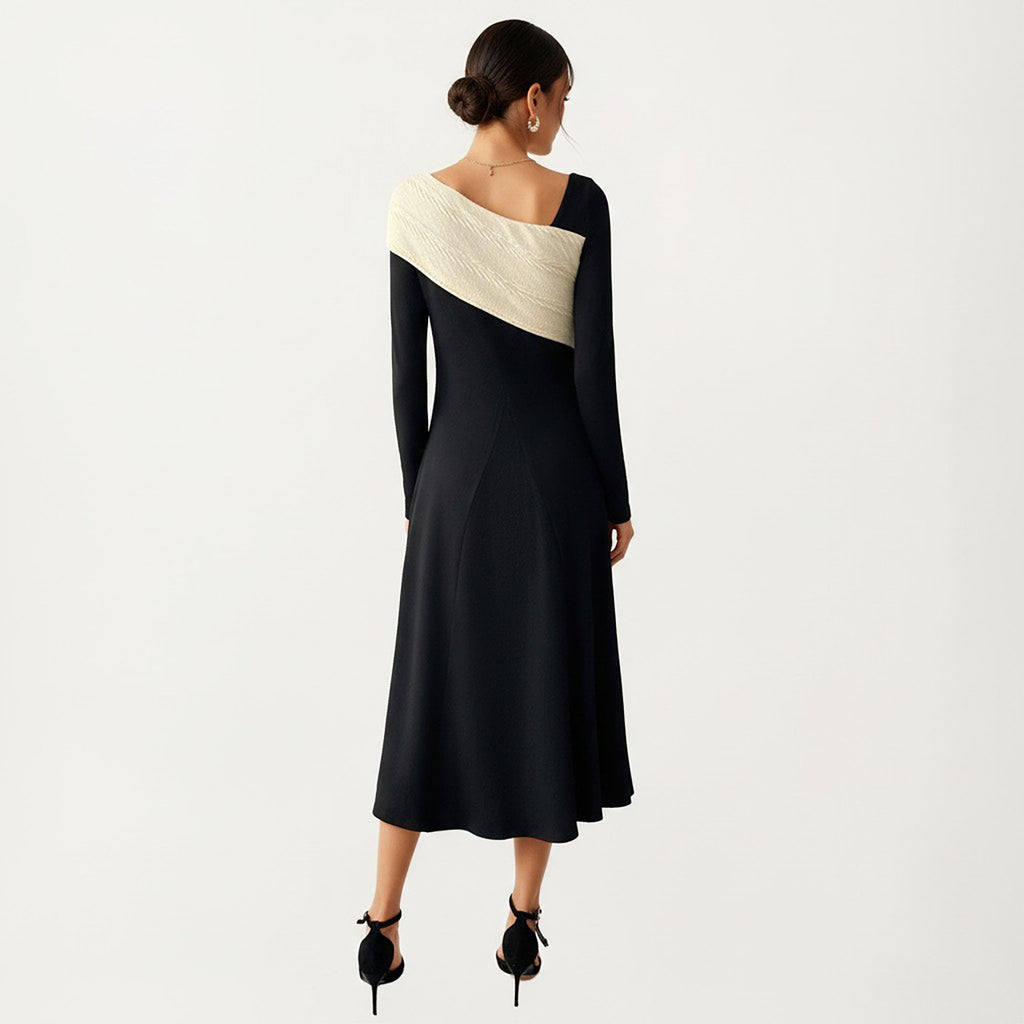Anna-Kaci Women¡¯s Black Midi Dress with Off-Shoulder Knit Detail and Long Sleeves