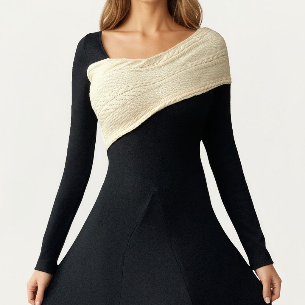 Anna-Kaci Women¡¯s Black Midi Dress with Off-Shoulder Knit Detail and Long Sleeves