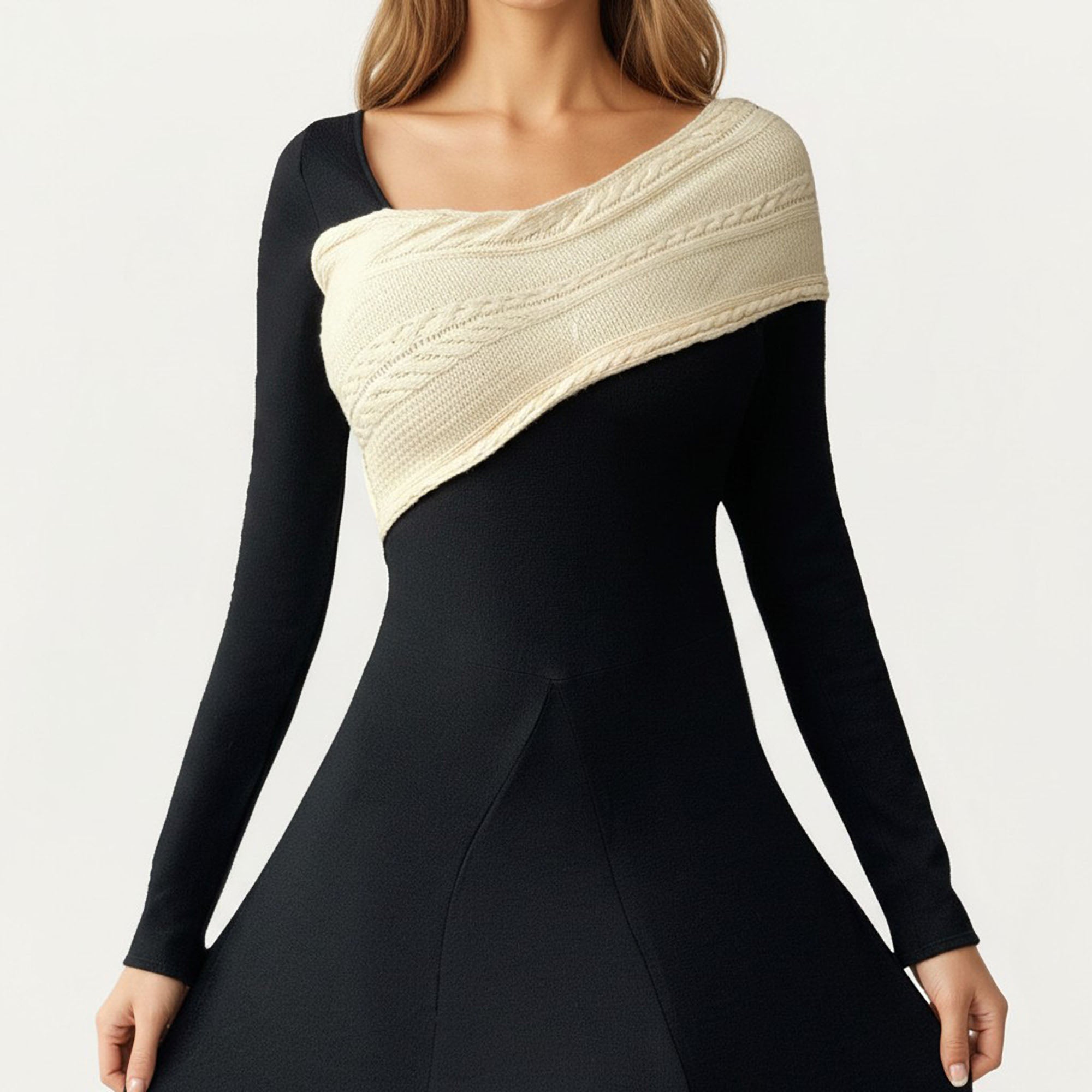 Anna-Kaci Women¡¯s Black Midi Dress with Off-Shoulder Knit Detail and Long Sleeves