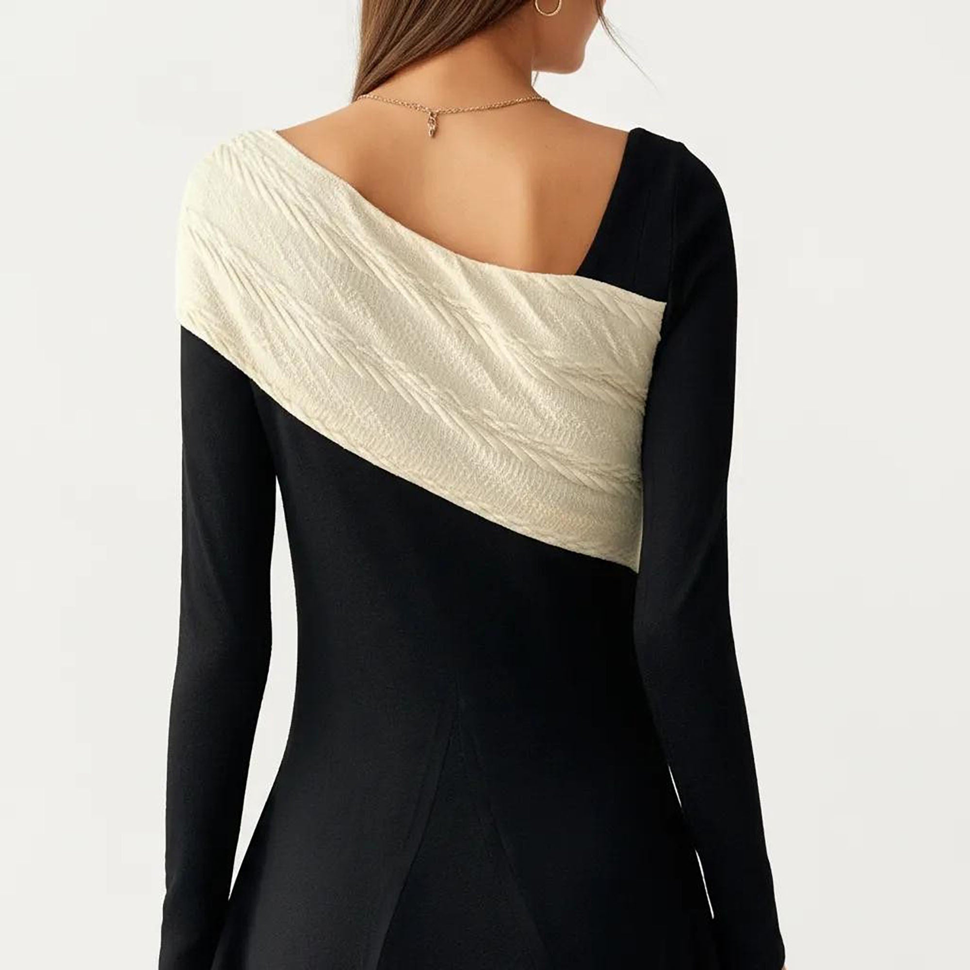 Anna-Kaci Women¡¯s Black Midi Dress with Off-Shoulder Knit Detail and Long Sleeves